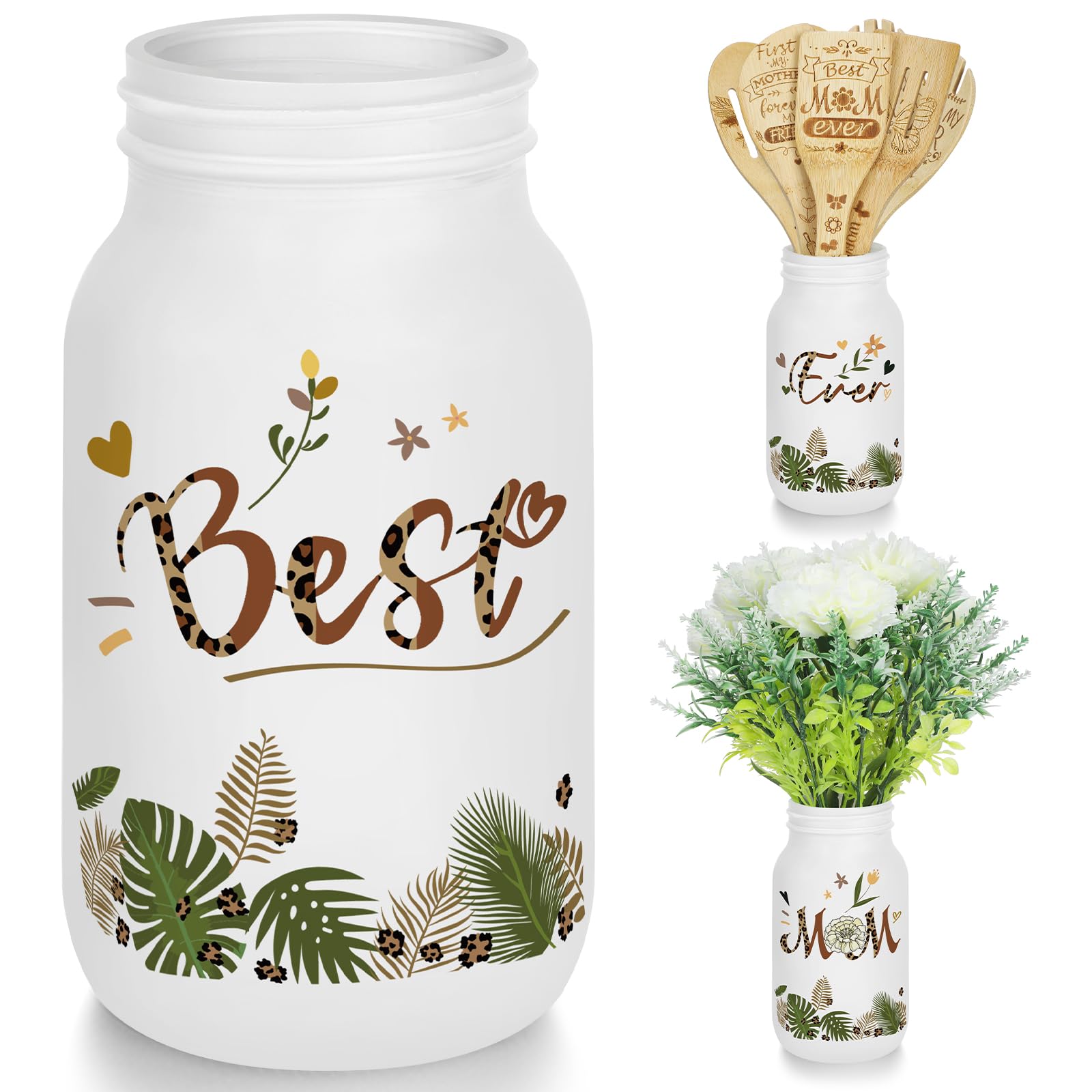 Photo 1 of 17 Pcs Gifts for Mom Mother's Day Kitchen Gifts Include Bamboo Spoons Glass Utensil Holder and Artificial Flower Set for Mother's Day Kitchen Cooking Decoration