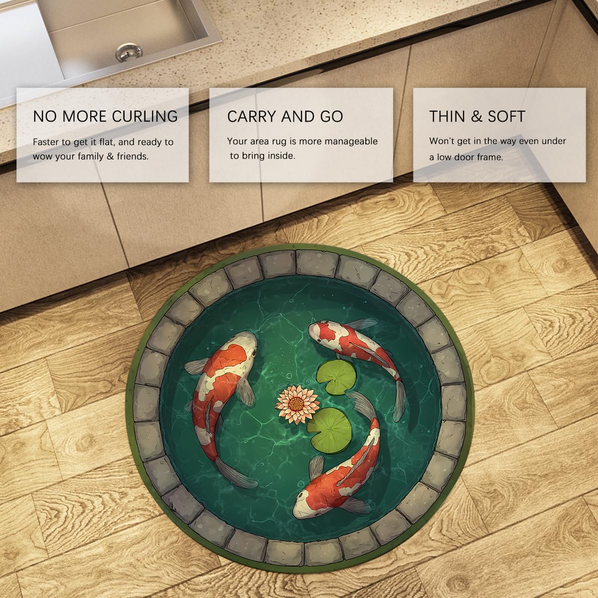 Okrągłe dywaniki 3D Koi Pond 160cm Dywan Iluzja Optyczna Ryby