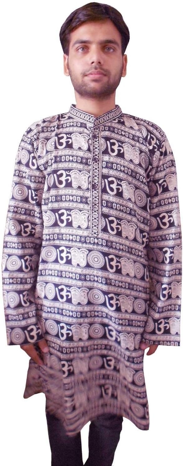 Mens Long Sleeve Casual Om Print Cotton Shirt Handmade Indian Ethnic Kurta