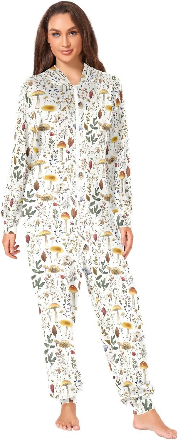 Wildflowers Mushrooms Zipper Hooded Adult Jumpsuit Pajamas with Pockets XS-3XL