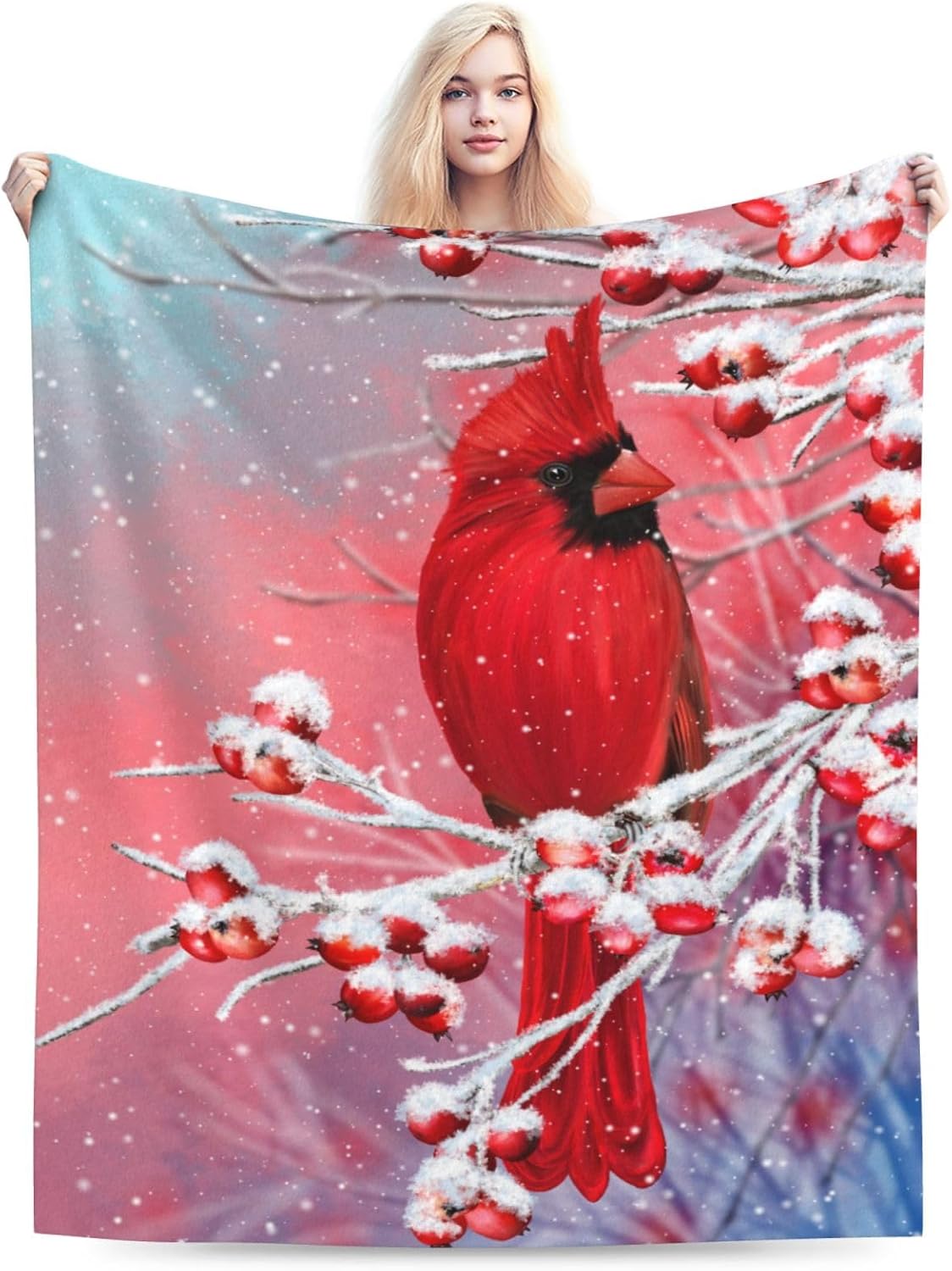 Red Cardinal Bird Snowy Background Bed Blanket Ultra Soft Throw Blanket All Season Warm Light Weight Cozy Plush Blankets for Home Bedroom Sofa Chair Travel, 50"X40"