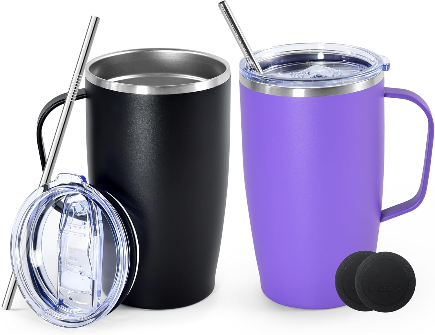 16oz Coffee Mug with Handle, 2Pack Insulated Coffee Tumblers with Lid and Straw, Double Wall Vacuum Travel Coffee Mug with Handle for Coffee Tea Milk Fruit Juice, Black&Purple