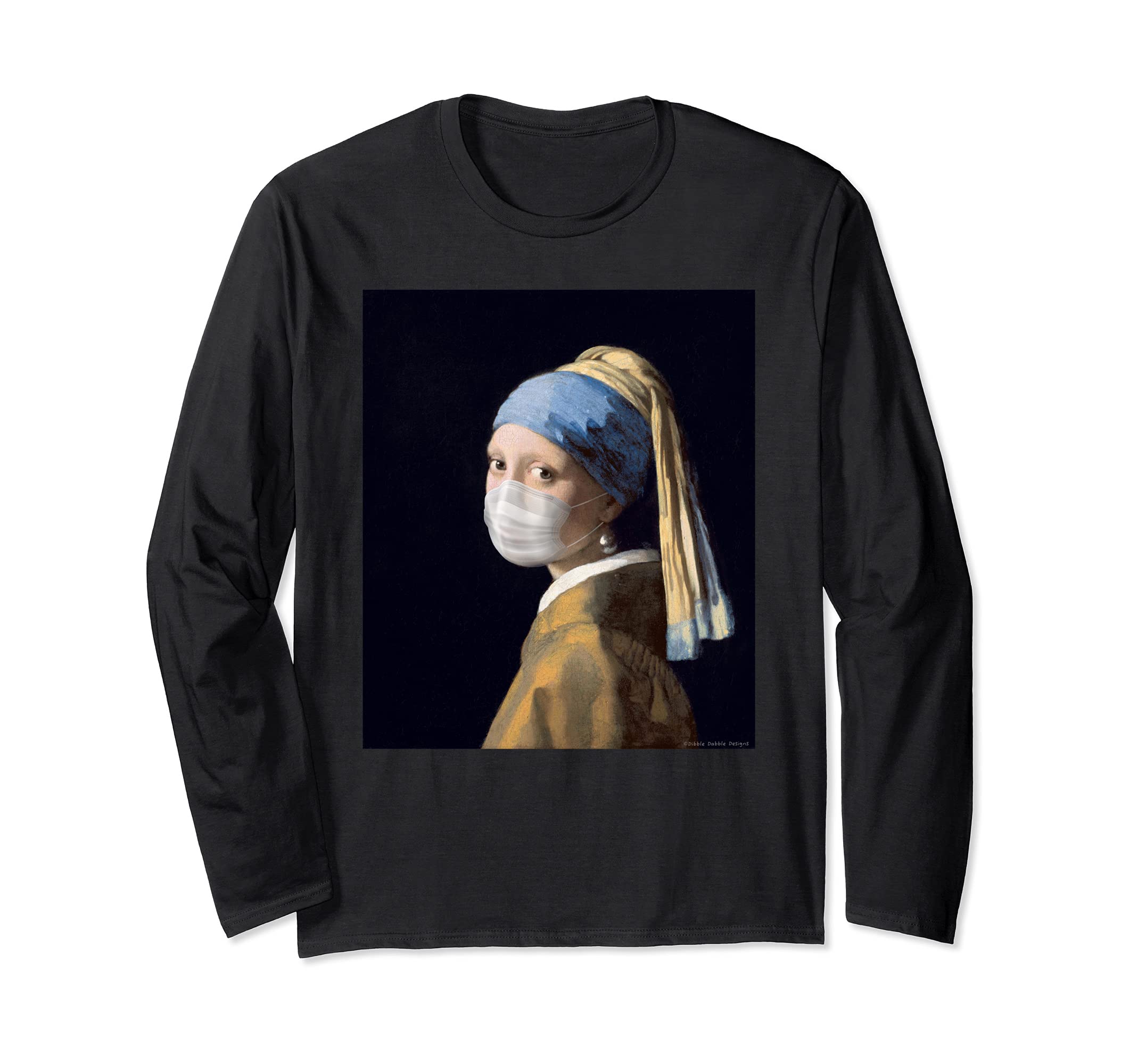 Famous Painting Girl with a Pearl Earring Wearing Mask Long Sleeve T-Shirt, Black