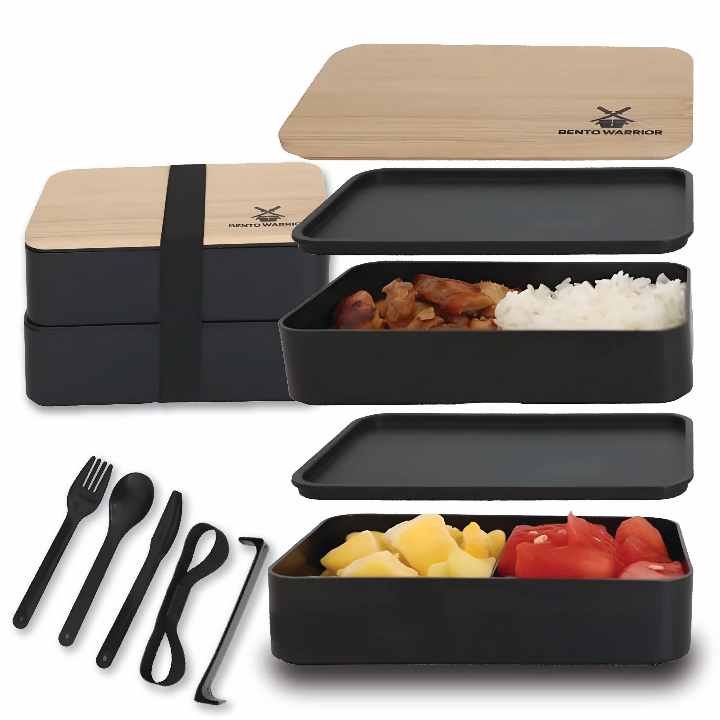 Bento Box Adult Lunch Box Set with Compartments – Stackable Dual-Layer Lunch Containers for Men & Women, Lightweight & Durable, Black Base & Wood Grain Lid, for Work, School, Travel, Meal & Prep