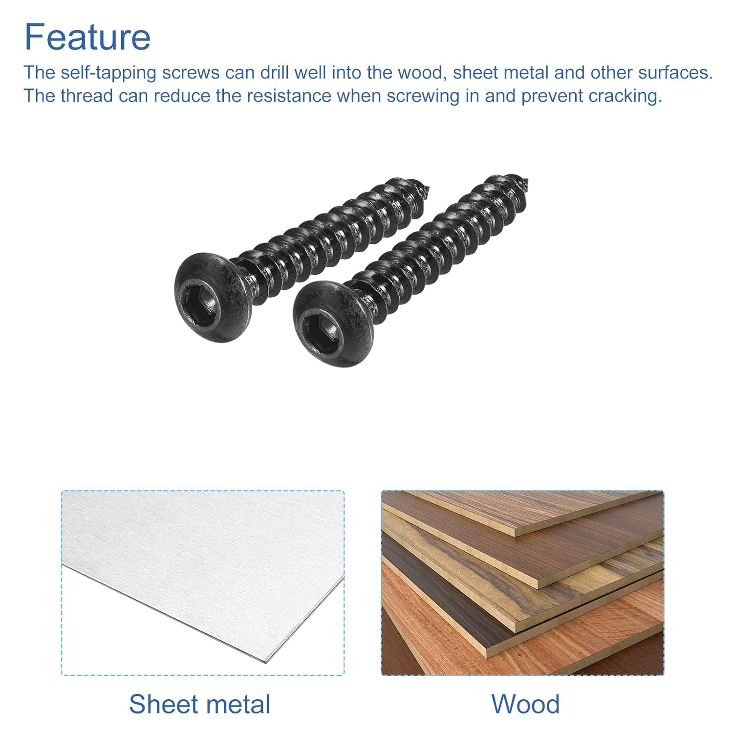 uxcell Hex Socket Self Tapping Screws, M6 x 40mm Carbon Steel Wood Screw 200pcs