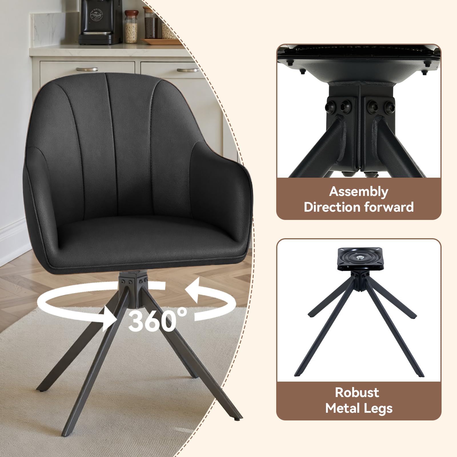 Hawthyhome Esszimmerstühle drehbar 2er Set mit Armlehne | Polsterstuhl mit 5 cm Kissen & Metallbeinen | Moderner Küchenstuhl für Esszimmer, Wohnzimmer, Büro • PU Leder/Schwarz