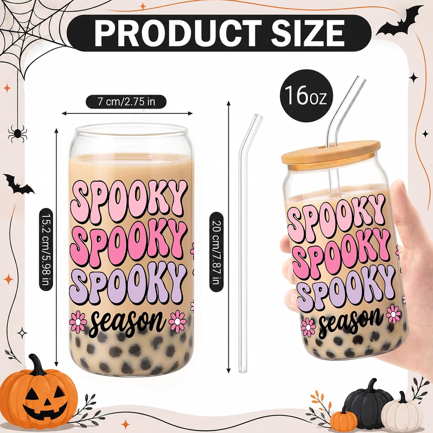 Halloween Glass Cups with Lids and Straws, 6 Pack, 16oz Cute Ghost