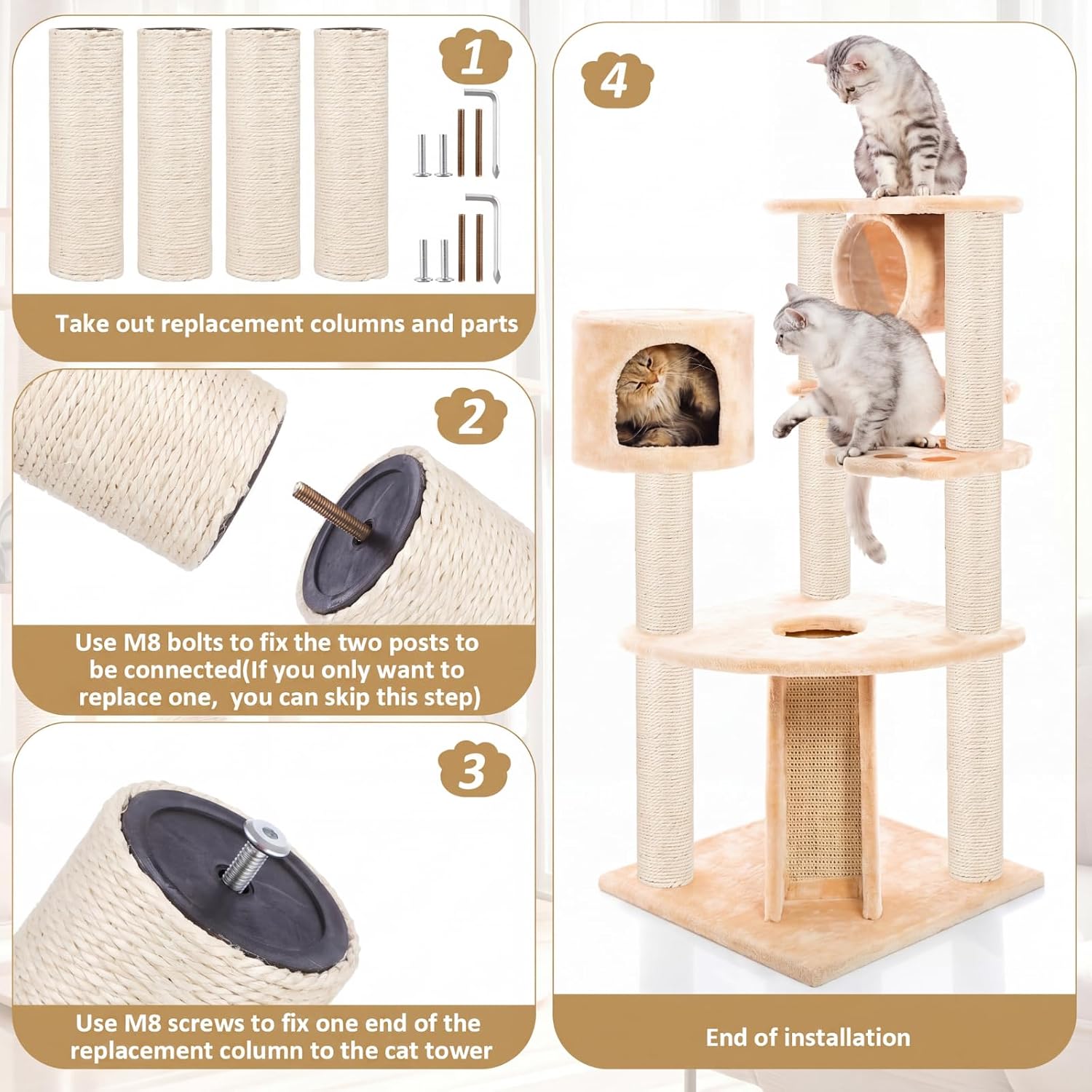 4 Pcs M8 Cat Scratching Post Replacement 11.8x3.5'' Sisal Pole Cat Tree Climbing Post Replacement with Screw, Refill Scratcher Pole for Indoor Kitten Tree Tower Spare Pet (White)