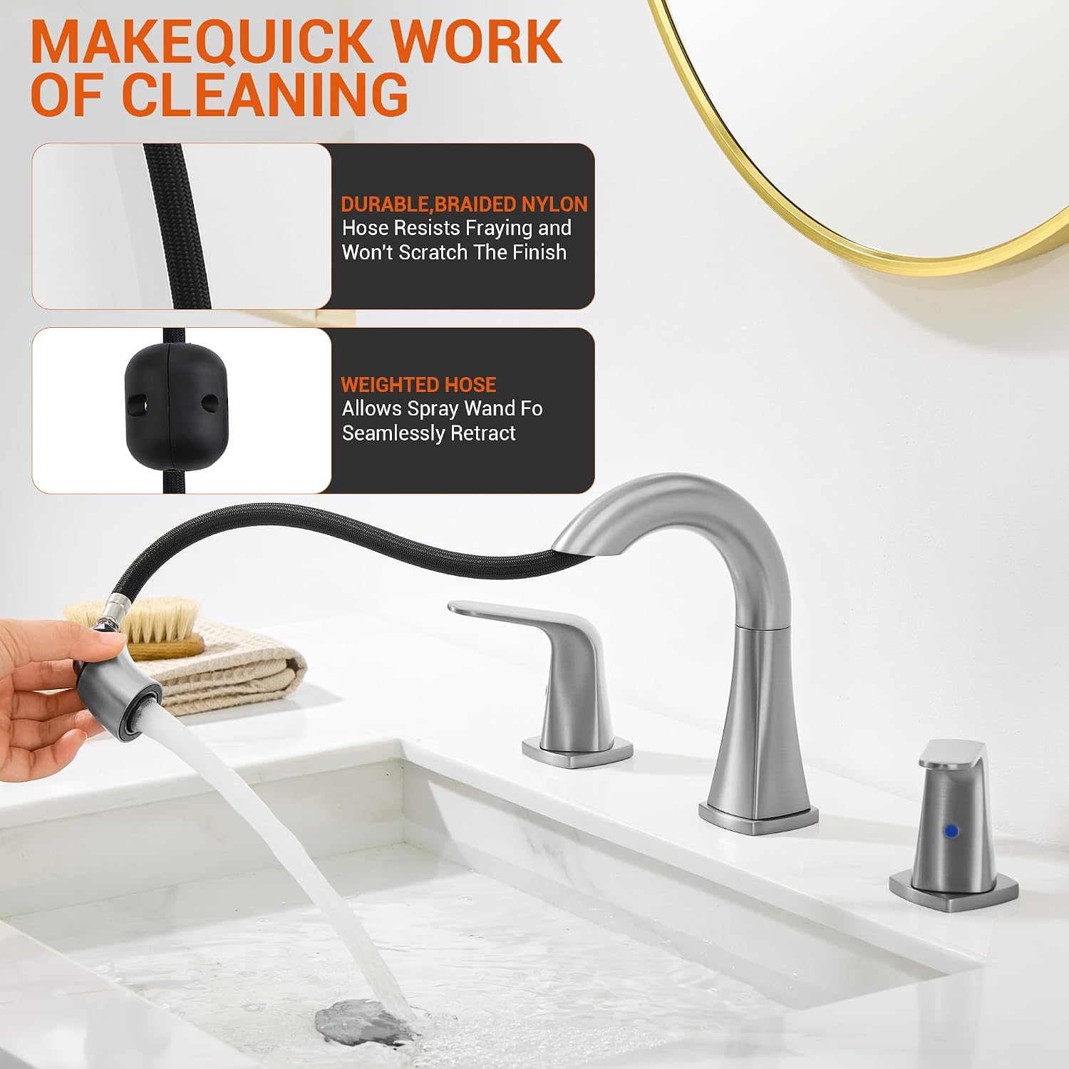 Brushed Nickel Bathroom Faucet with Sprayer - Rotatable Bathroom Faucets for Sink 3 Holes, 8In Widespread Bathroom Pull Down Faucet, 2-Handle Vanity Faucet with Pull Out Sprayer 360 Swivel