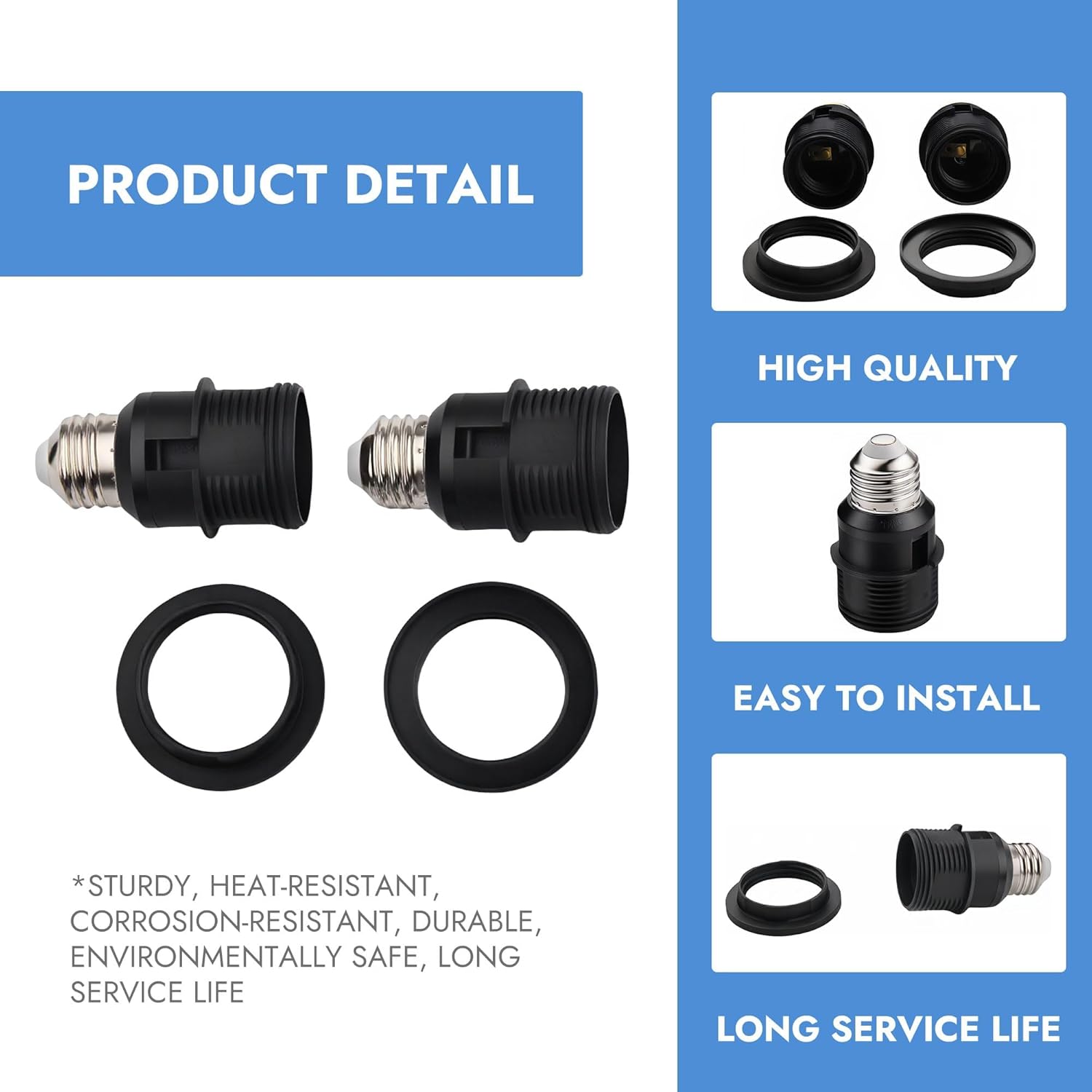E26 to E26 Socket Extender 2 Pcs Convertible Lamp Head with Shade Ring Black Threaded Extension Lamp Holder Conversion Head Compatible with Incandescent Bulb Energy Saving Lamps CFL Bulb