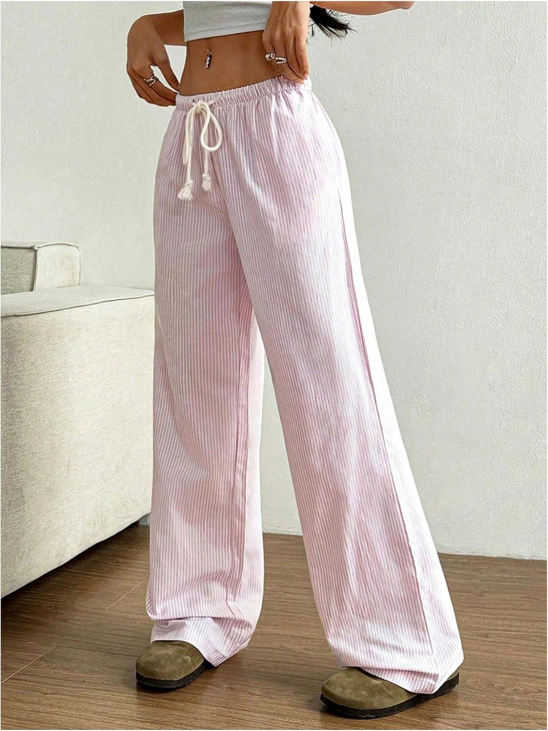 SHENHE Women's Y2K Striped Pants Low Rise Straight Leg Drawstring Casual Lounge Trousers - Image 2