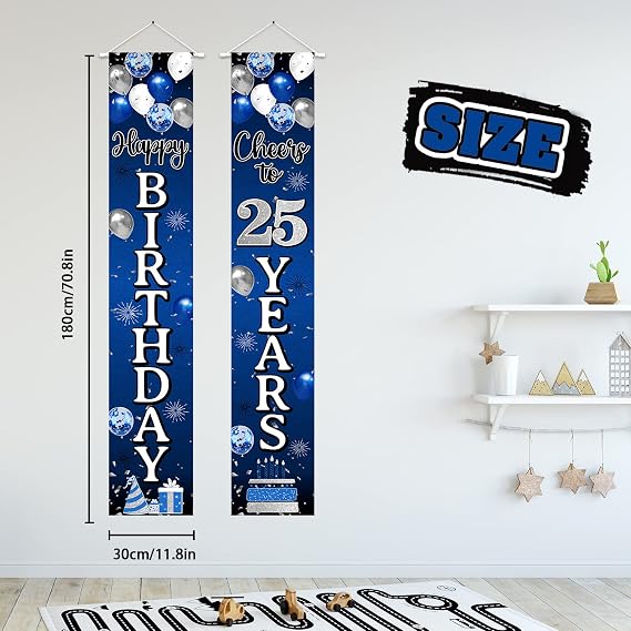 Happy 25th Birthday Decorations,25th Blue & Silver Balloon Birthday Theme Door Hanging Banner Sign - Cheers to 25 Years Old Bday Party Supplies.