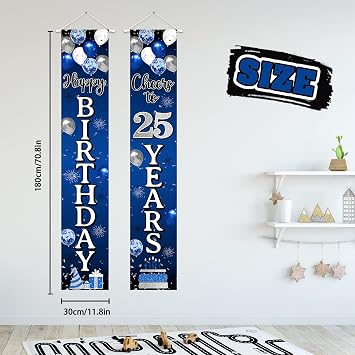 Happy 25th Birthday Decorations,25th Blue & Silver Balloon Birthday Theme Door Hanging Banner Sign - Cheers to 25 Years Old Bday Party Supplies.