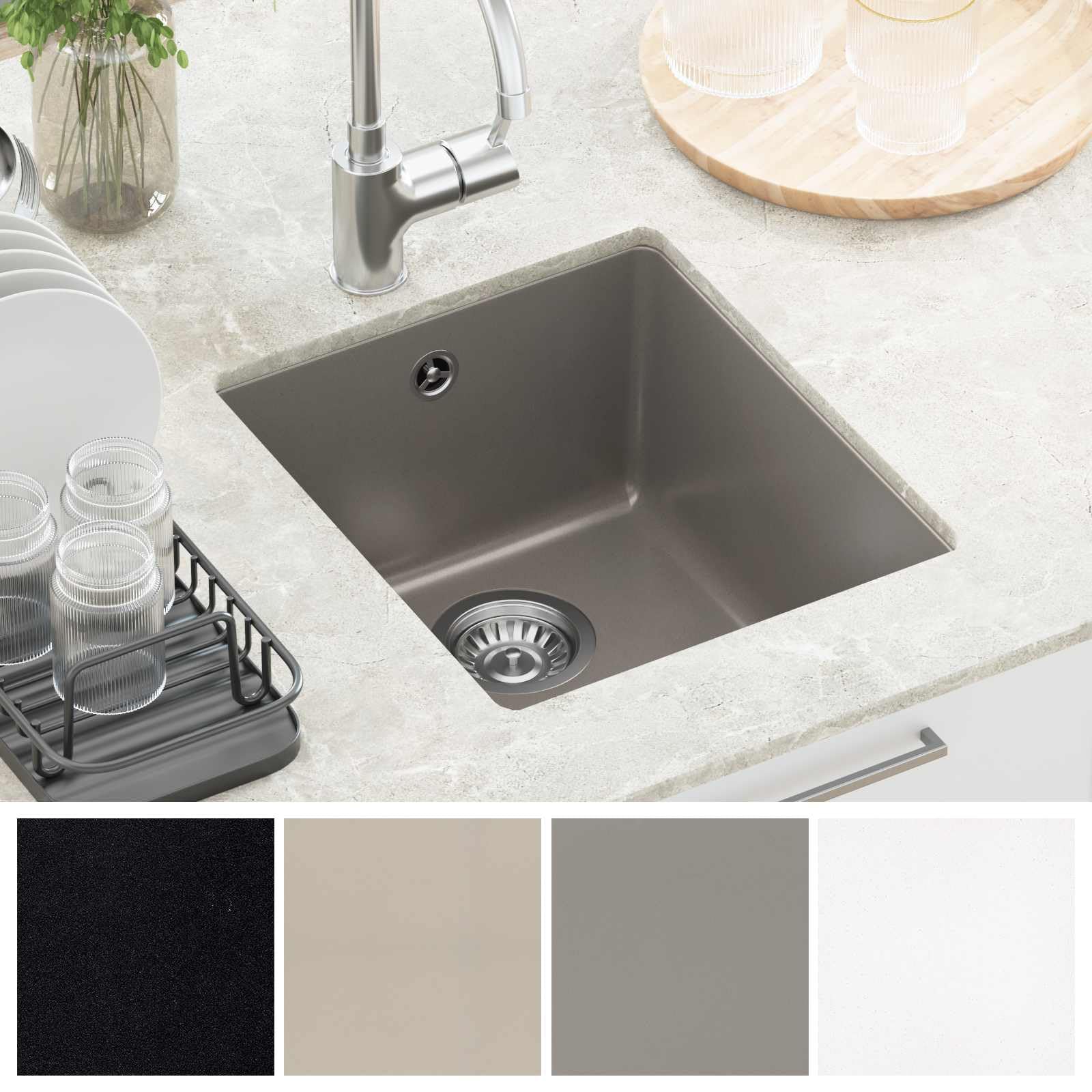 Fregadero empotrable gris 370 x 460 mm con 80% cuarzo y 20% resina, fregadero de granito con desagüe, juego de accesorios y sifón para cocina, lavadero, exterior y camping