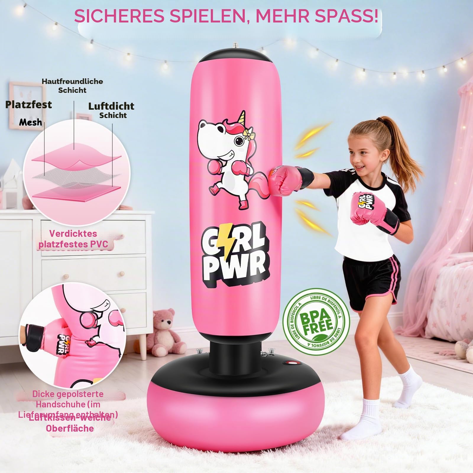 Aufblasbarer Boxsack, 168 cm (66 Zoll) aufblasbarer Boxsack für Kinder mit Boxhandschuhen für Mädchen von 3–12 Jahren, stabiles Boxset zum Üben von Karate, Taekwondo, Einhornspielzeug und Geschenken