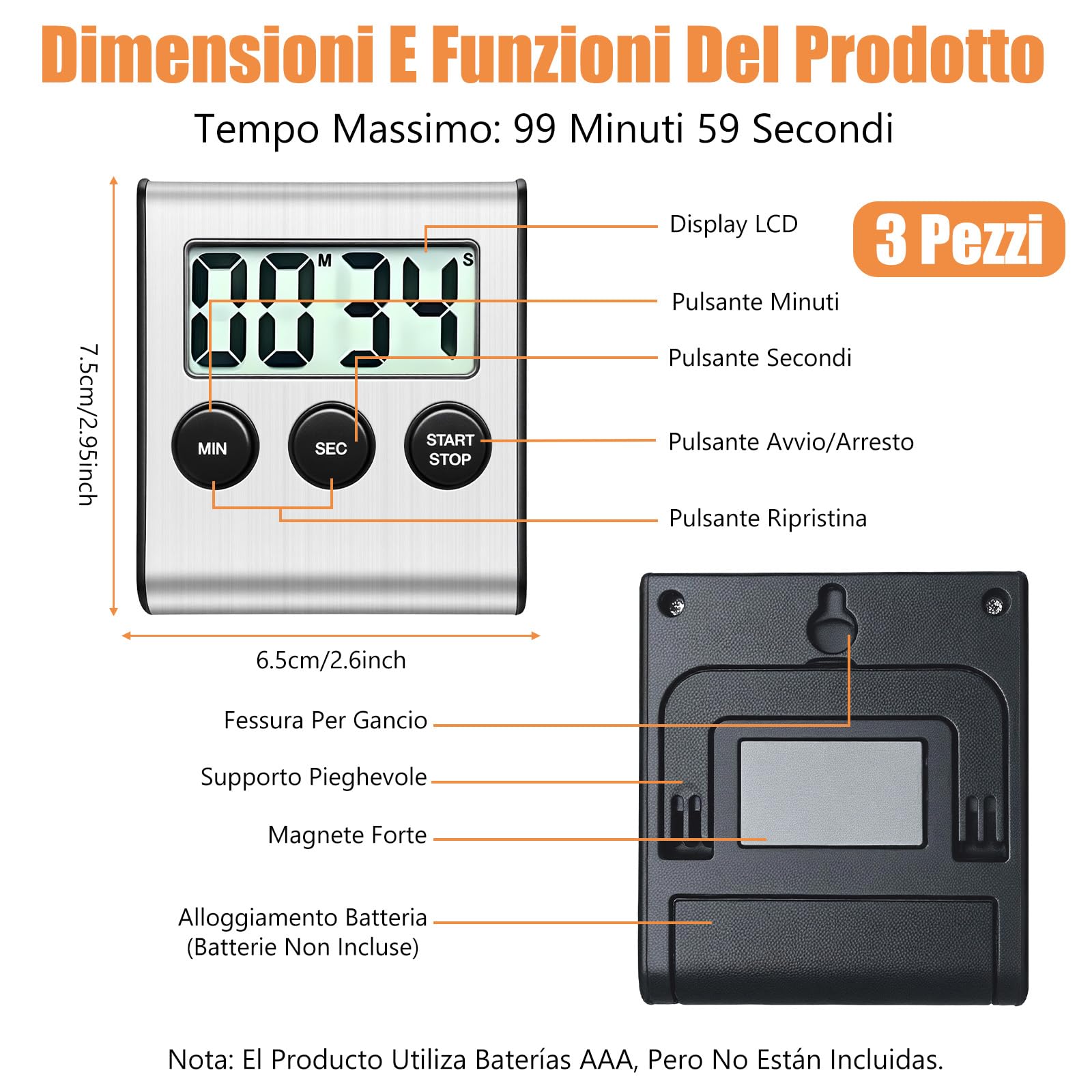3 PCS Timer Digitale con Allarme Forte con Cifre Grandi, Timer da Cucina Digitale con Supporto Magnetico e Interruttore on/off per Cucinare, Sport, Studio, Riunioni, Acciaio Inossidabile