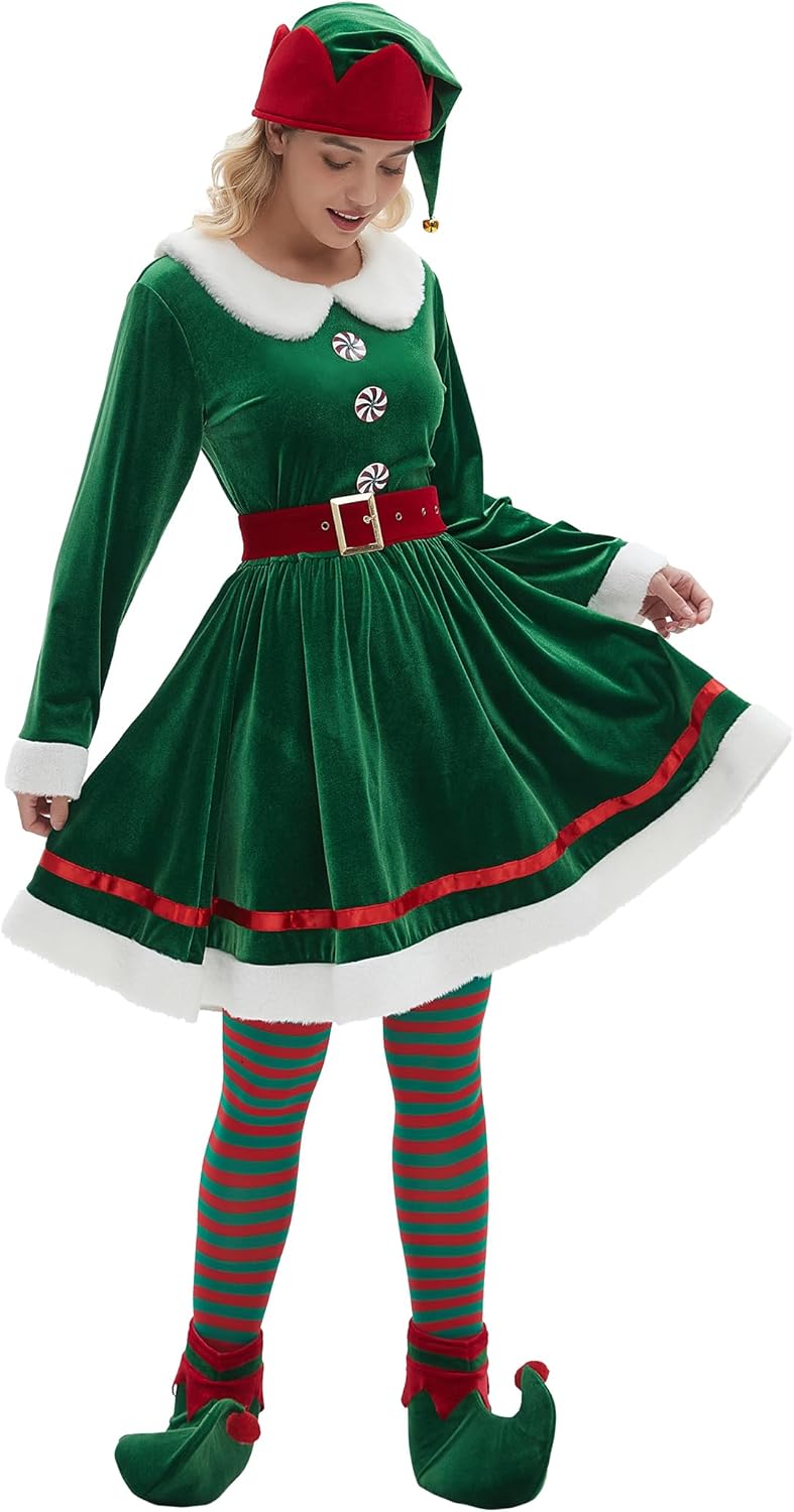 Elf Costume Christmas for Women 5pcs Elves Outfit Adult Plus Size Santa Dress Suit with Hat Shoes Belt Striped Socks