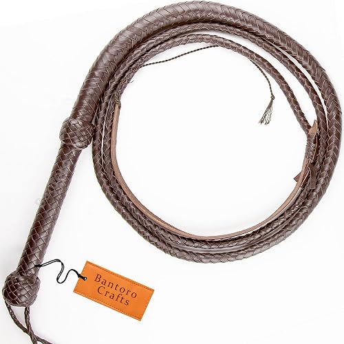 Bantoro Crafts Indiana Jones Braune Echtleder-Peitsche, 2,4 m Länge in 12-fach geflochtener Bullpeitsche, Reiten, Knacken, laute Peitsche, Rinder