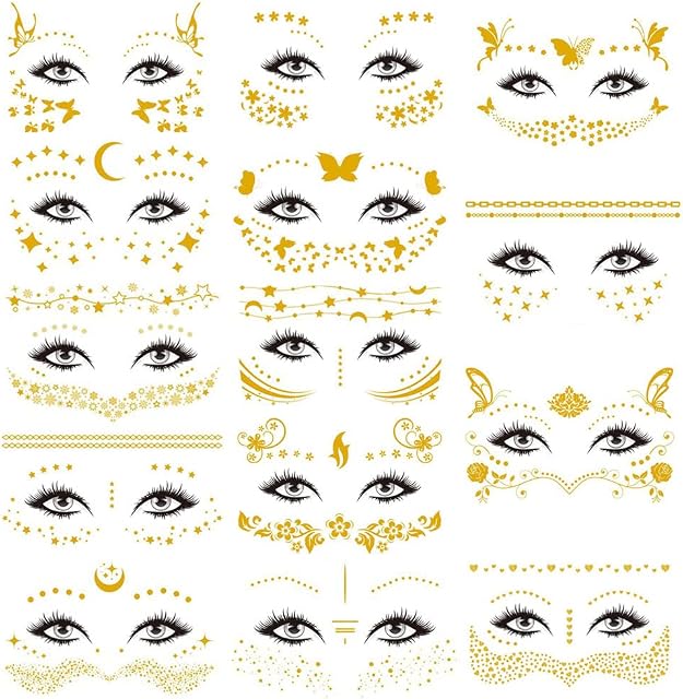 14 Sheets Face Temporary Tattoos, Face Stickers Gold Metallic Temporary Transfer Glitter Fake Tattoos, Freckle Stickers for Women Girls Festival Halloween Makeup Dancer Costume Parties