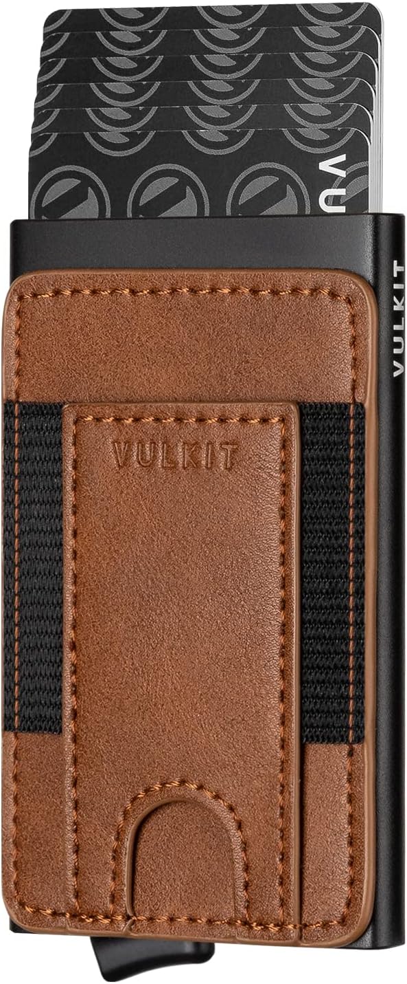 VULKIT Credit Card Holder Pop up Wallet RFID Blocking Slim Metal Card Protector with Pockets for Men Women, Brown