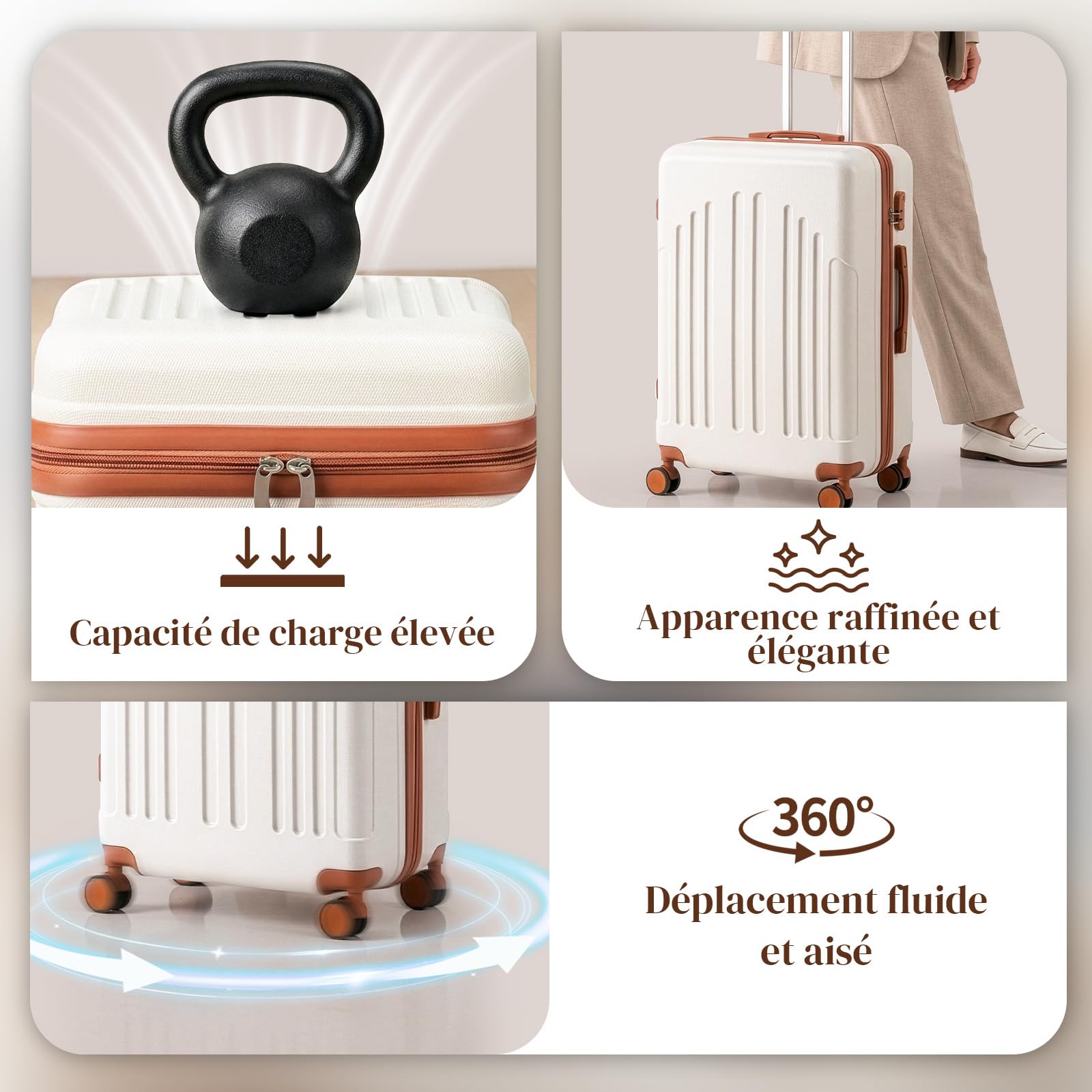 LEADZM Set de 4 Valises de Voyage, Valise Grande Taille & Cabine, Valise Soute Ridide en ABS, Bagages Cabine avec roulettes Pivotantes 360° et Cadenas (Beige-Brun)