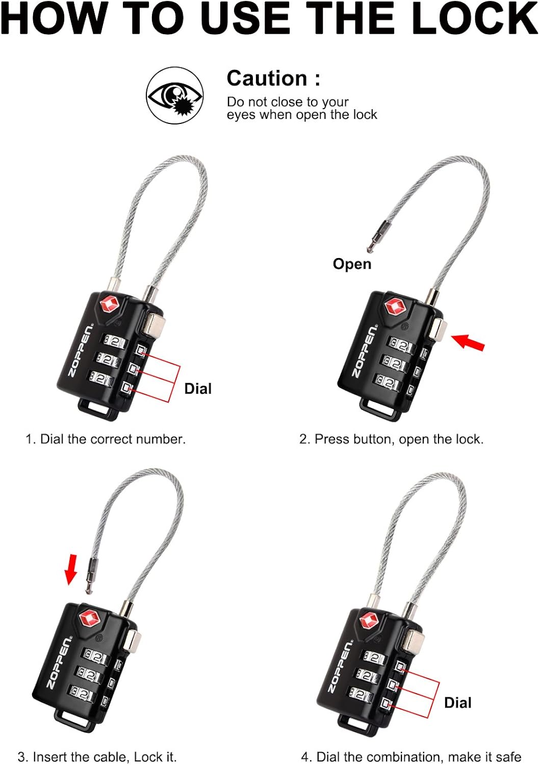 Zoppen TSA Approved Luggage Lock, Heavy Duty Combination Cable Lock for Travel Suitcase and Backpack - 1/2 / 4 Pack