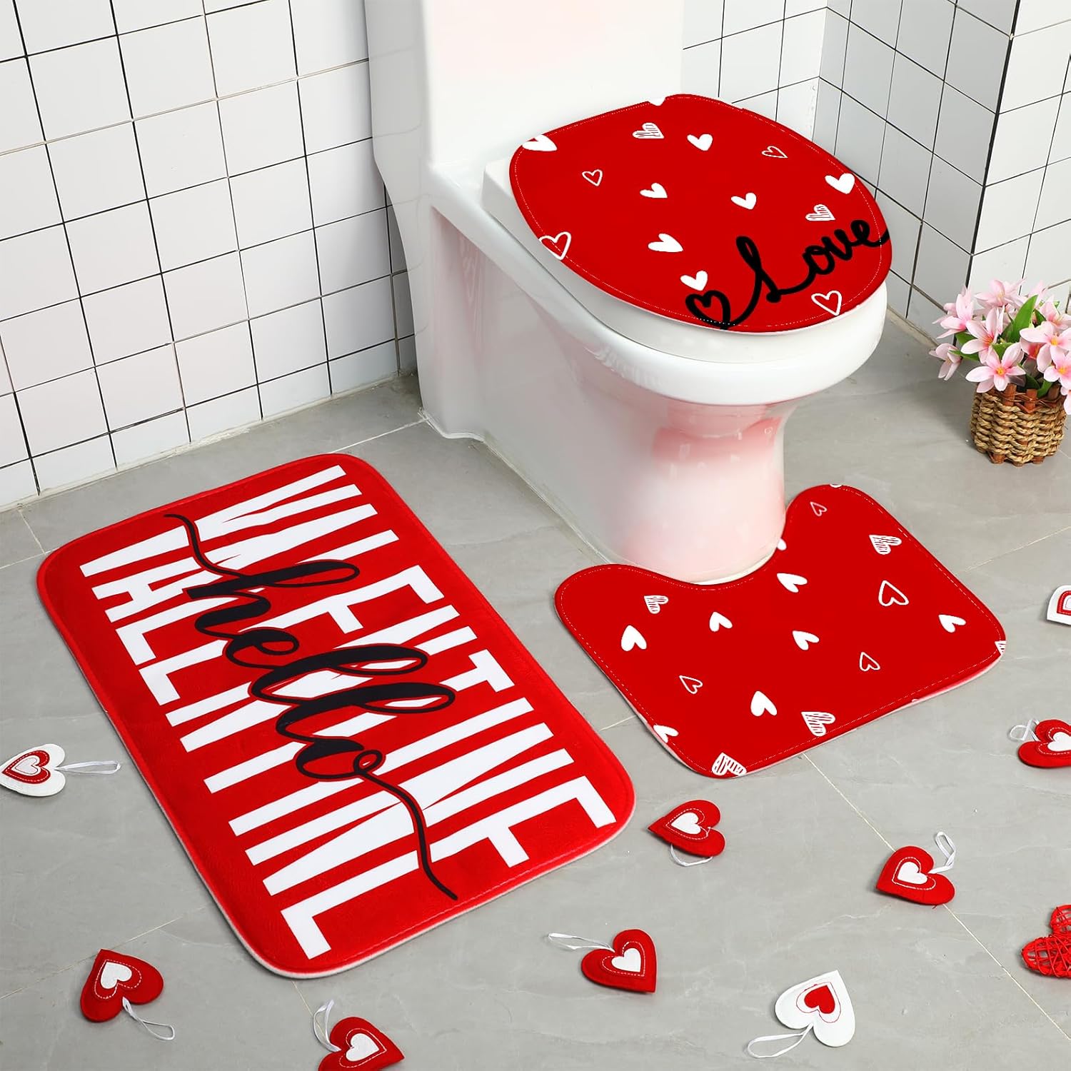 4 Pcs Valentine's Day Shower Curtain Set, Non Slip Rugs Toilet Lid Cover U Shape Bath Mat and 12 Hooks Love Heart Shape Red Bathroom Supplies for Valentines Accessories Decor Set