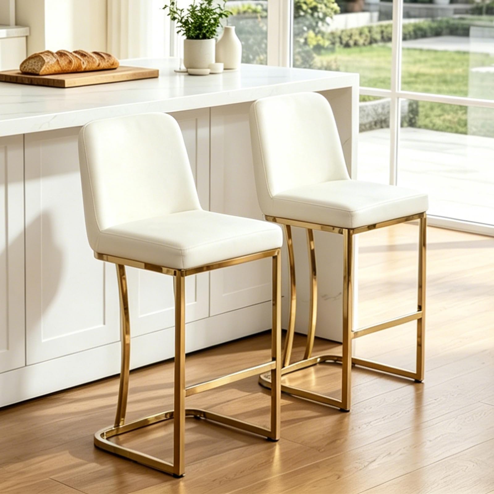 Chummaven Velvet Bar Stools Set of 2 Counter Chairs with Gold Base, Cream