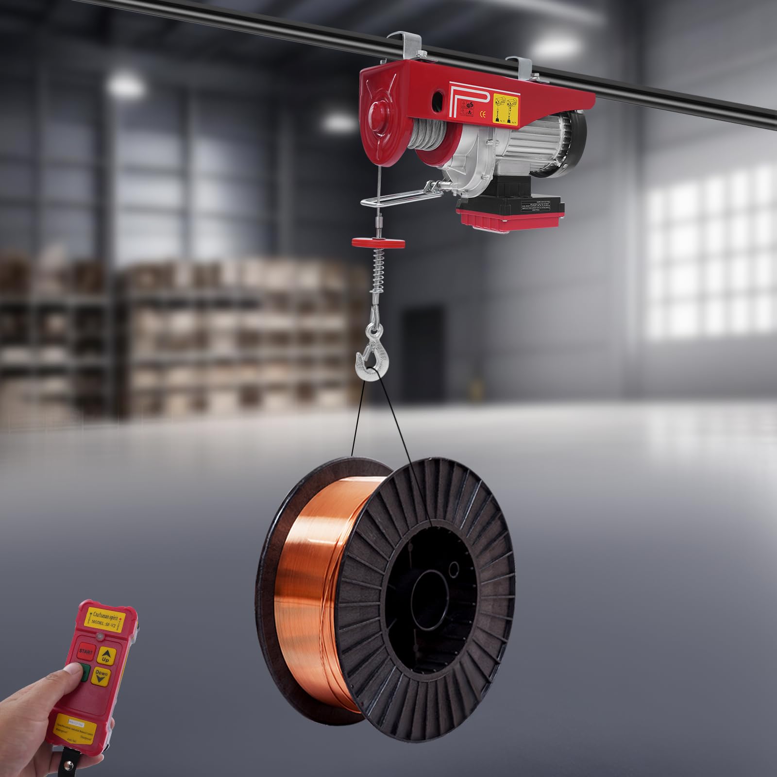 Elektrische Seilhebezug aus Metall mit 1200W Aluminium-Draht-Motor, Elektrischer Flaschenzug Seilzug Motorwinde mit 2 Schlingen, Elektrische Hebezug Seilhebezug Kettenzug mit Begrenzer Ausgestattet