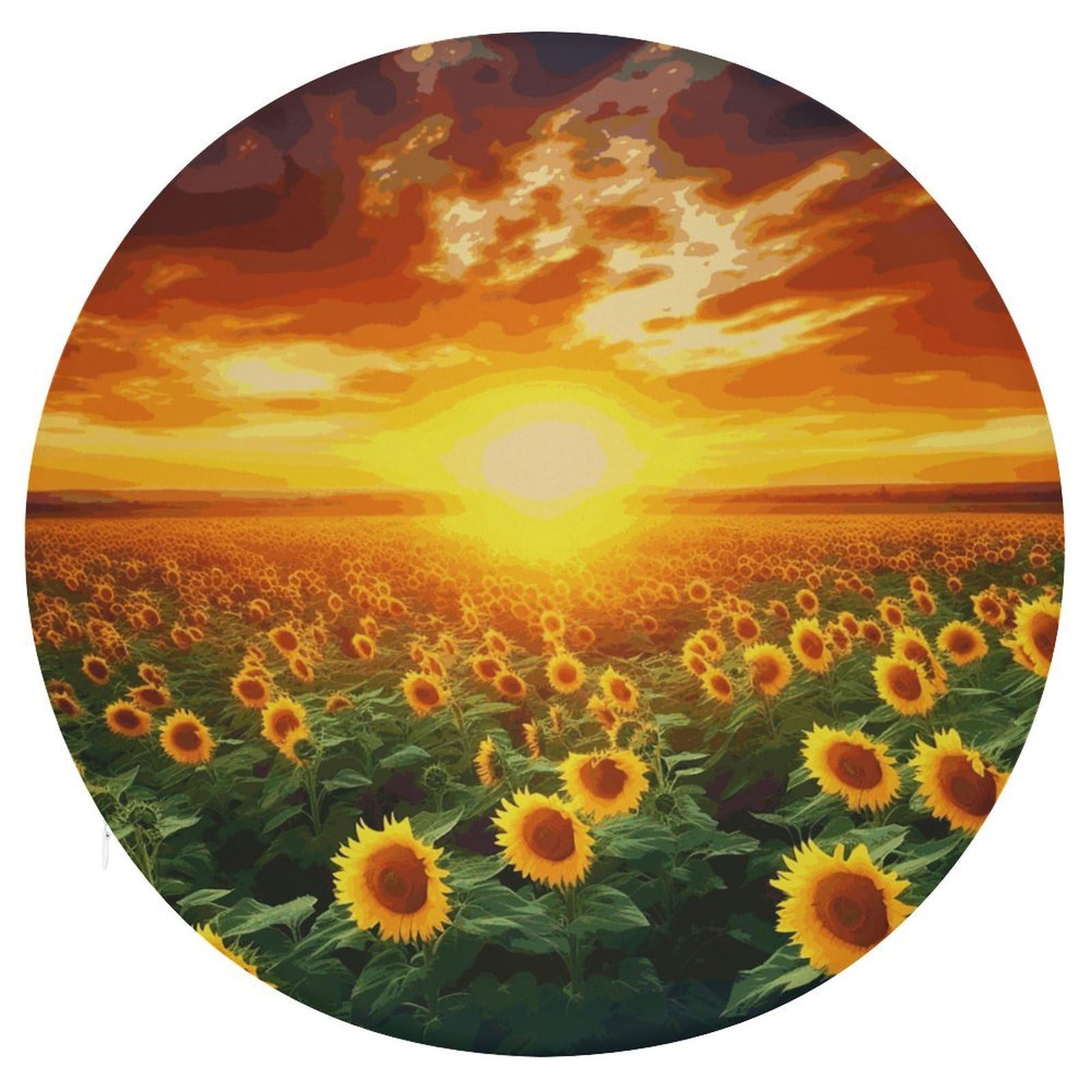 JTREHY Dreamlike Sunset of A Sunflower Field Cushion Soft Breathable Round Cushions Multi-Functional with Zipper Floor Pillows Cushion for Various Indoor Occasions Chair Pad