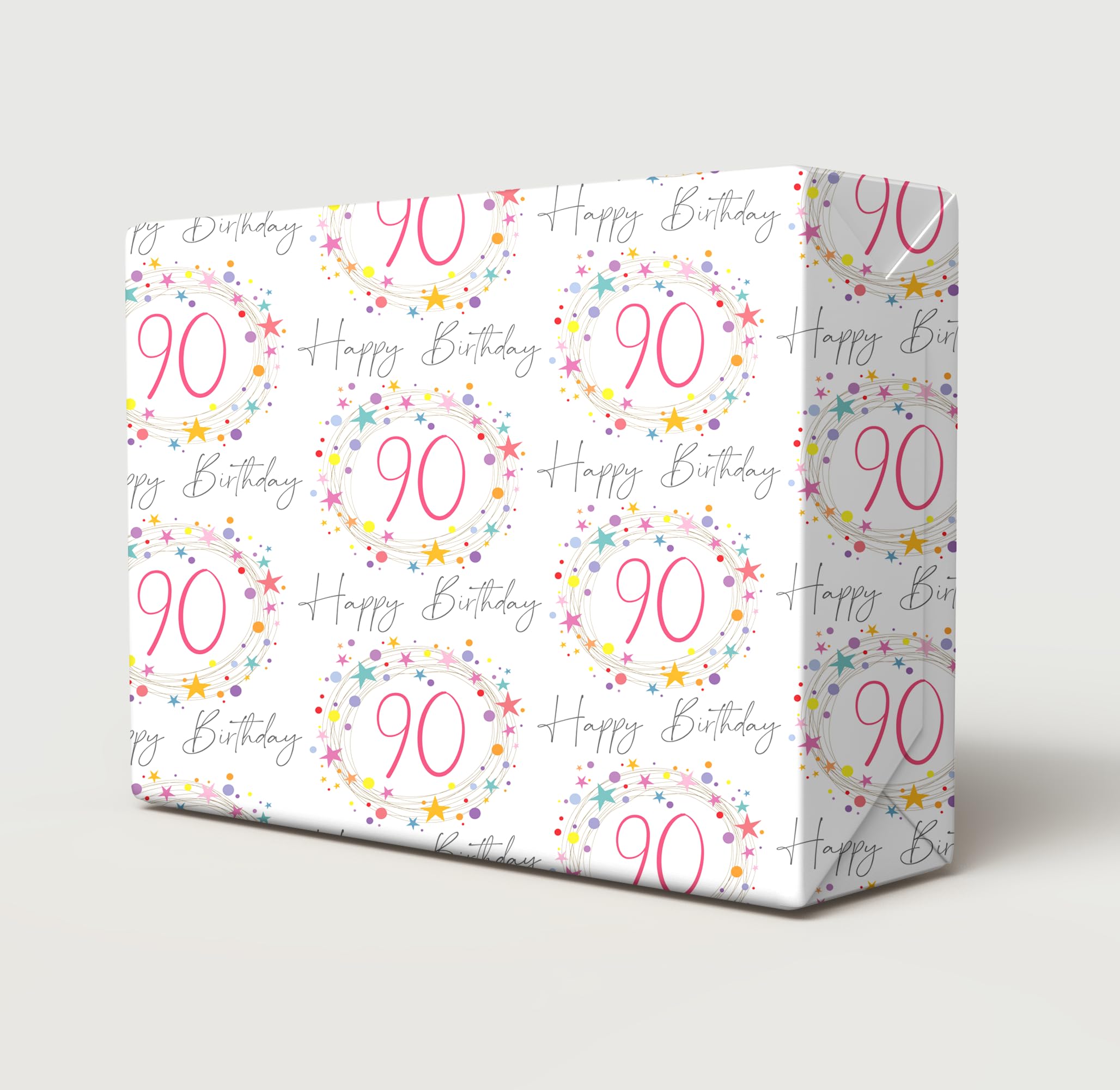 2 Sheets 2 Tags 90th Happy Birthday Colourful Stars Dots and Spiral Design Beautiful Female Wrapping Paper Age 90 Birthday Fun And Attractive Ladies Giftwrap (PA)