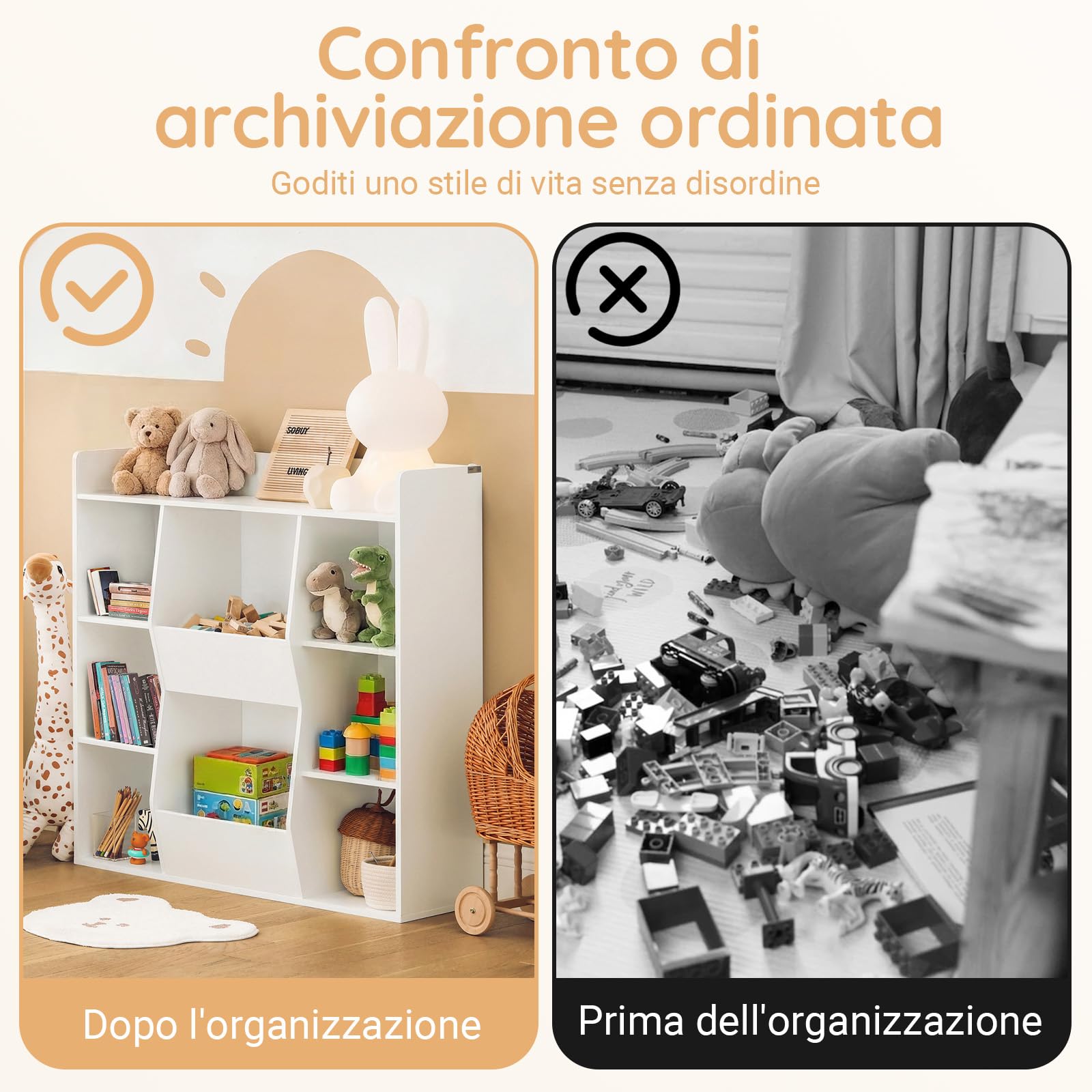 SoBuy Libreria Montessoriana per Bambini - Scaffale Portagiochi con 8 Scomparti Aperti - Libreria da Terra per Cameretta 106x30x104 cm Bianco KMB55-W