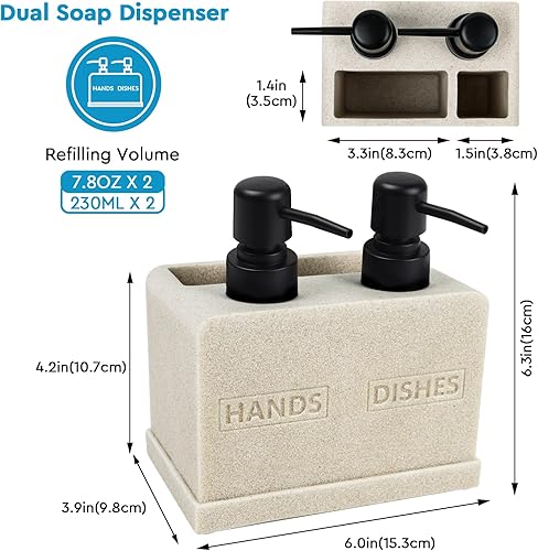 Miniatura 6 de Juego de dispensador de jabón para manos y platos para fregadero de cocina, dispensador de jabón doble con organizador de esponja y soporte para