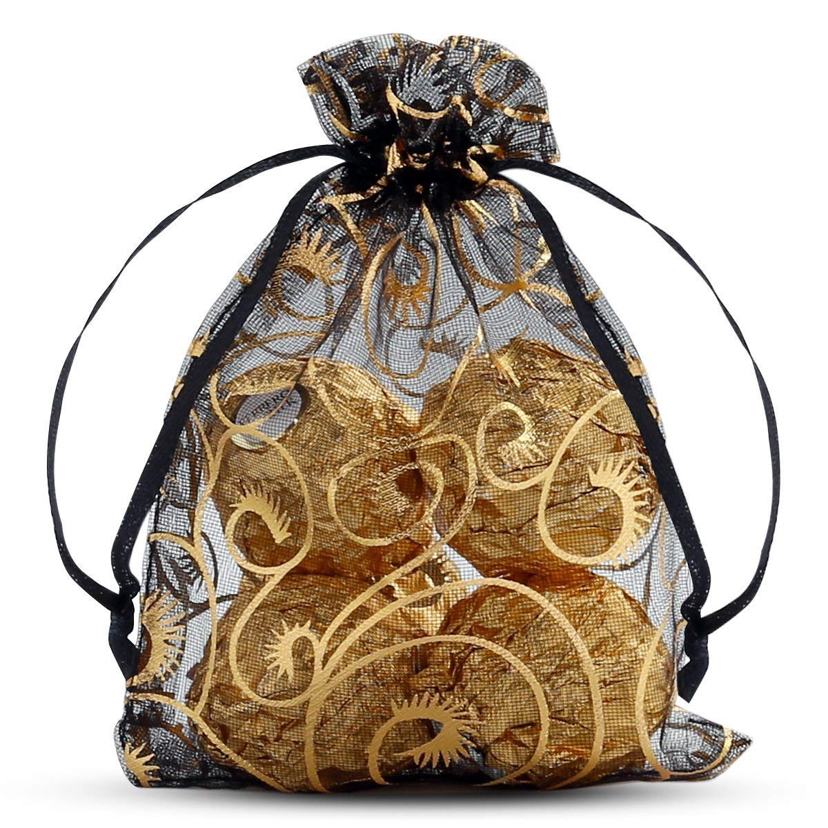 Stratalife Organza Bags 4x6 Black and Gold Drawstring Favor Bags for Birthday Party Anniversary Present Packing Small Mesh Jewelry Pouches 50PCS (