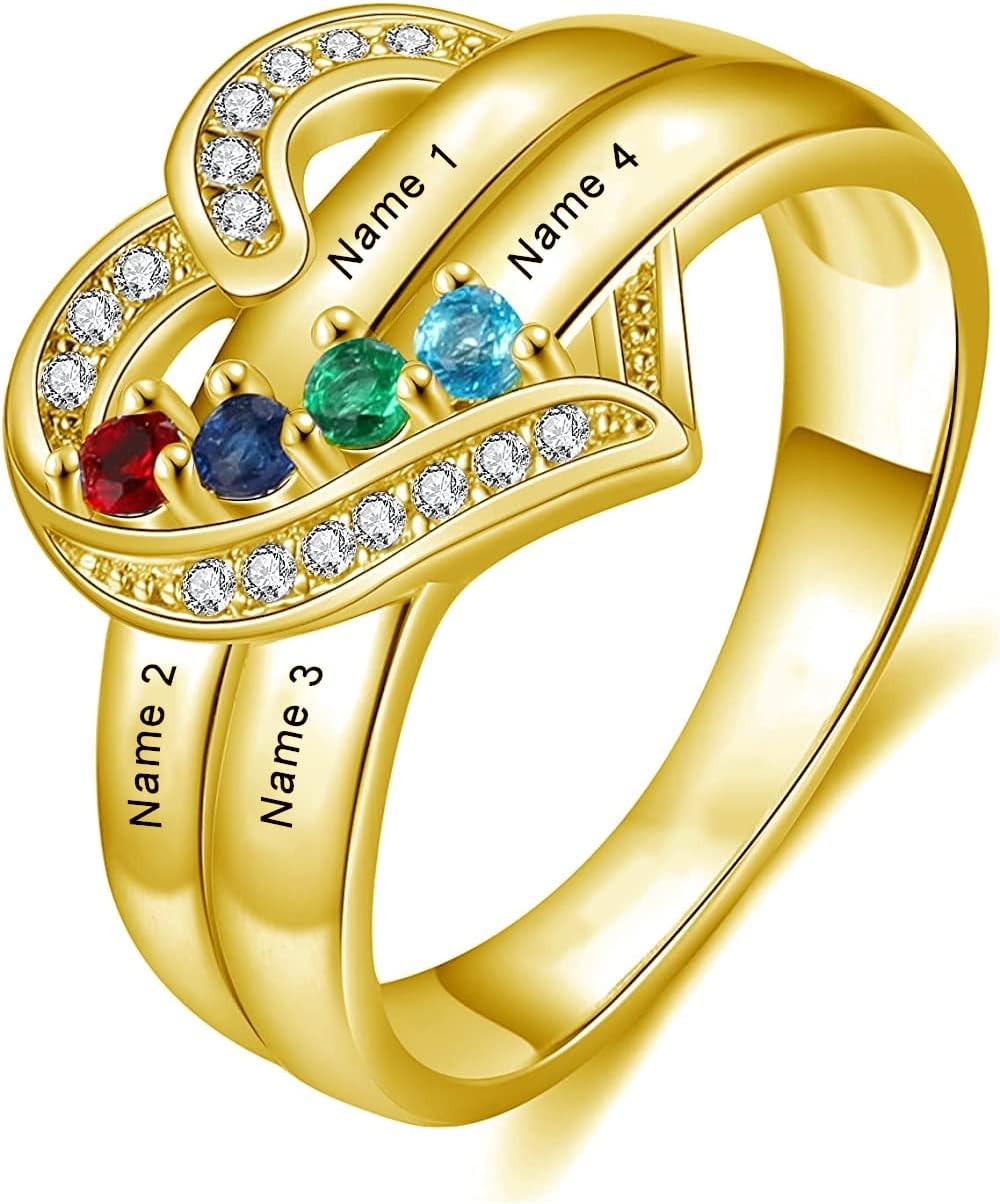 Mothers Day Gifts for Mom Women Solid 10K 14K 18K Gold Mother Rings for Women Personalized Mother Daughter Ring with 4 Simulated Birthstones and Names Customized Gold Engraved Family Name Rings for Mother Grandmother Women Wife Birthday Mother's Day Gift