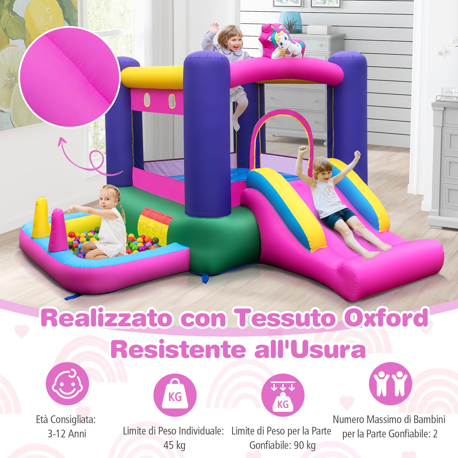 GYMAX Castello Gonfiabile da Interno/Esterno con Scivolo, Piscina di Palline, Canestro da Basket, Anelli e Palline, Centro Gioco per Bambini a Tema Unicorno, per Età 3-12 Anni
