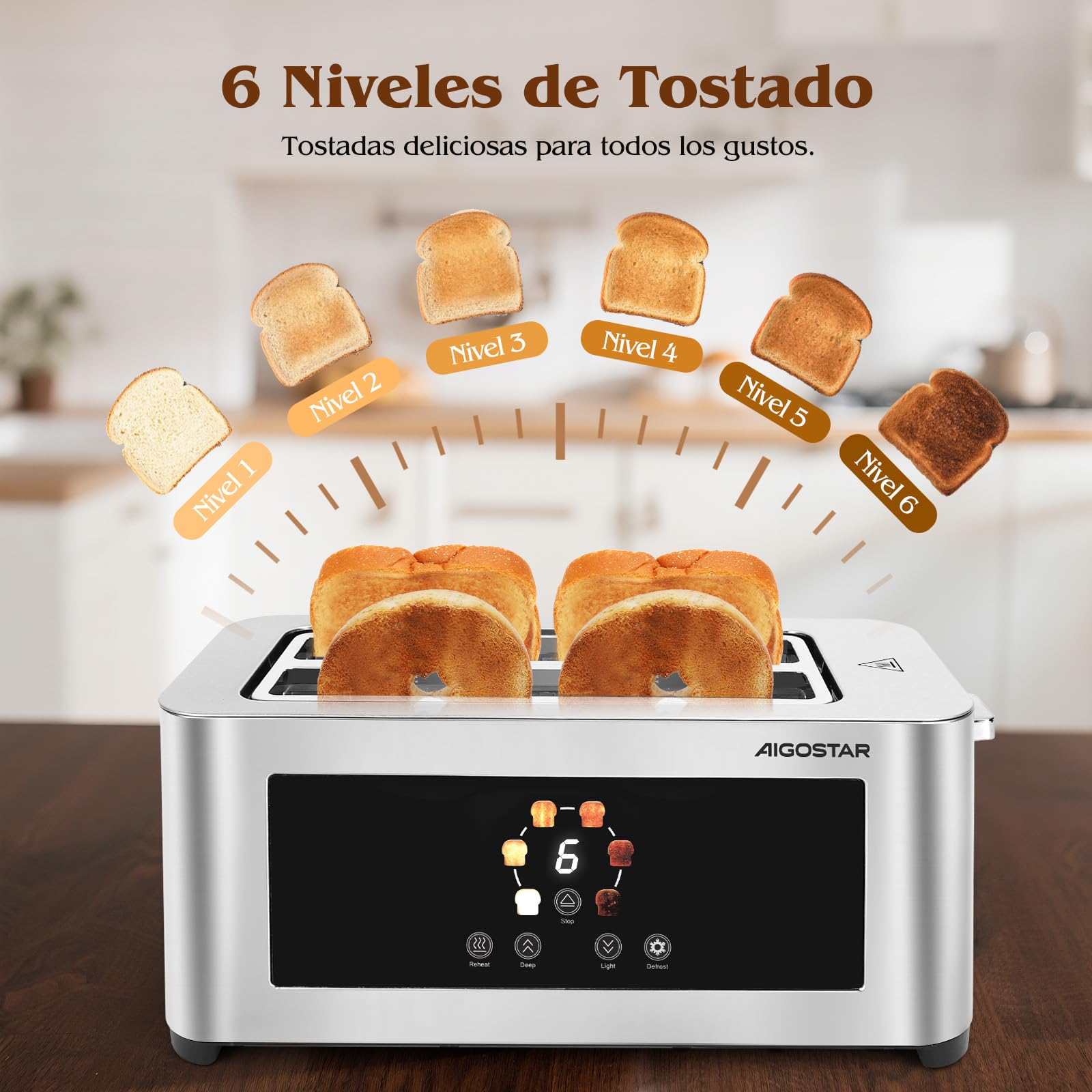 Aigostar Tostadora de 4 Rebanadas, Pantalla Táctil LED, Doble Ranura Larga y Extra Ancha de 4 cm, 6 Niveles de Tostado, Funciones de Recalentar, Descongelar y Parada, Acero Inoxidable, 1400W