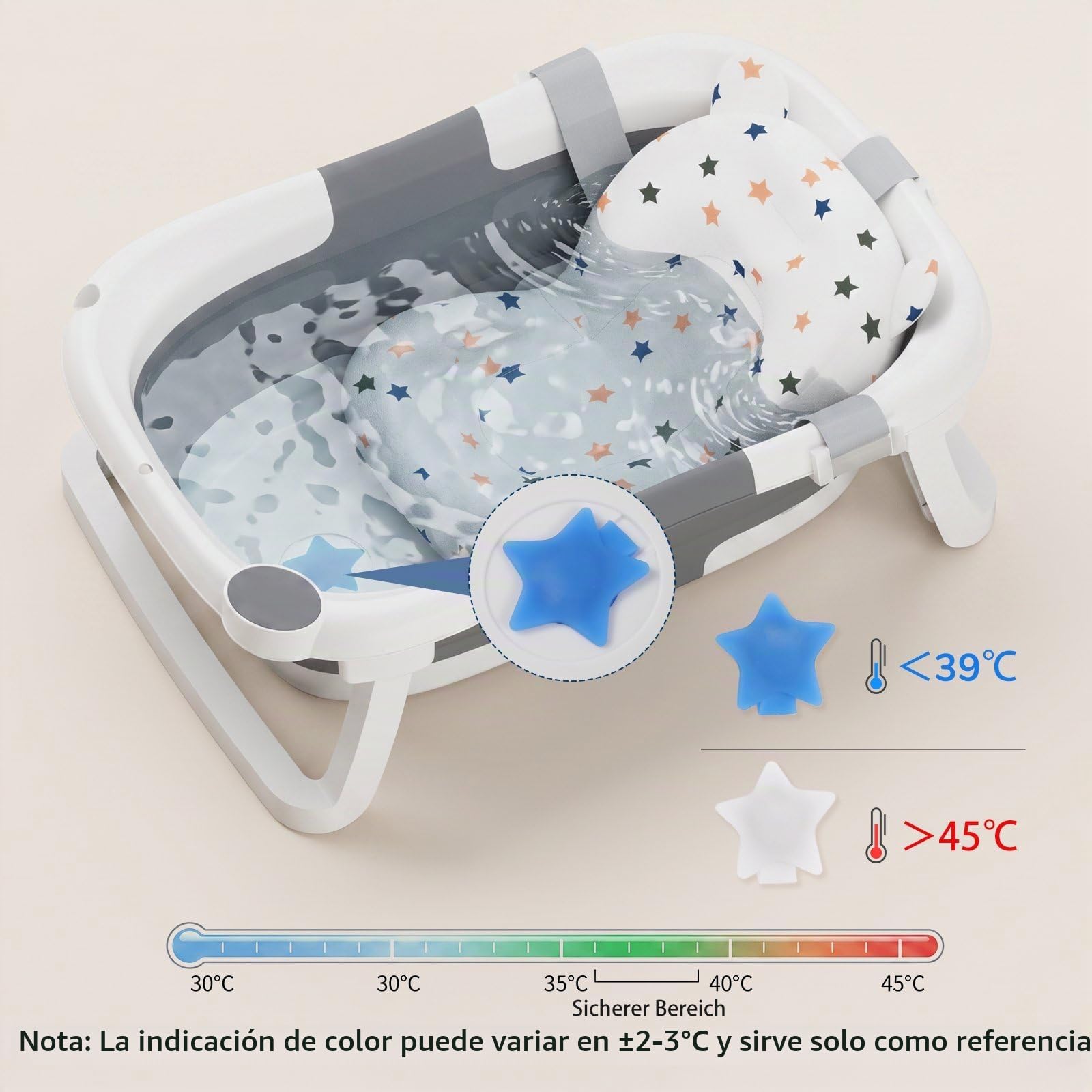 DEANIC Bañera Plegable Bebé, Asiento Bañera Bebe Para Recién Nacidos De 0 a 24 Meses, Bañeras Para Bebes Con Cojin, Baño Bebe Portátil, Ahorra Espacio (Gris)