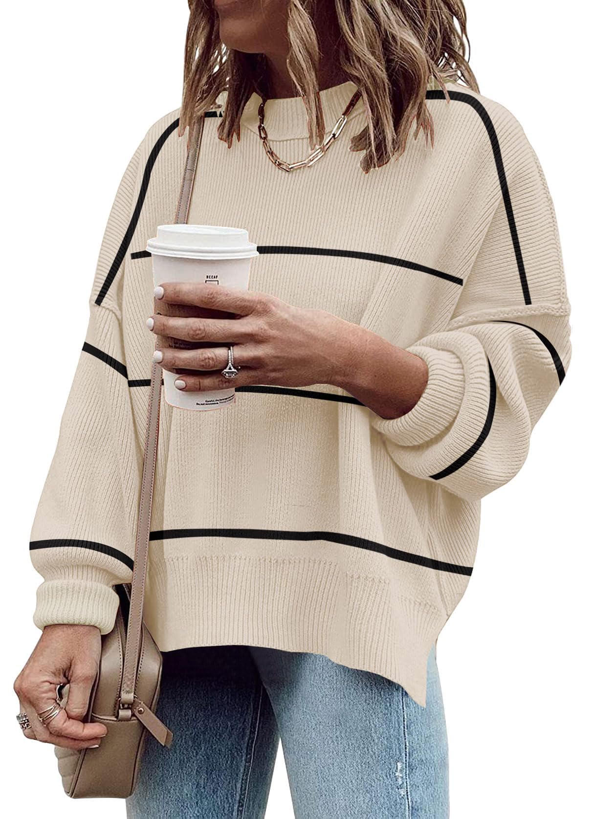 Womens Oversized Crewneck Sweaters Batwing Long Sleeve Side Slit Ribbed Knit Pullover Sweater Tops