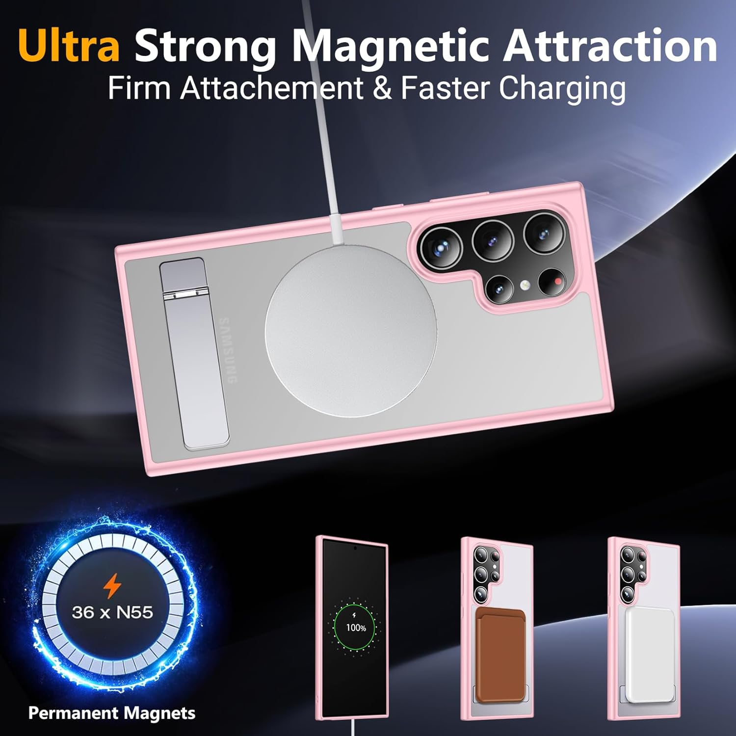 SPIDERCASE Magnetic for Samsung Galaxy S23 Ultra Case, [3 Stand Ways][ Military Grade Drop Protection] with Invisible Stand Shockproof Slim Case for Samsung S23 Ultra 6.8", Pink thumbnail