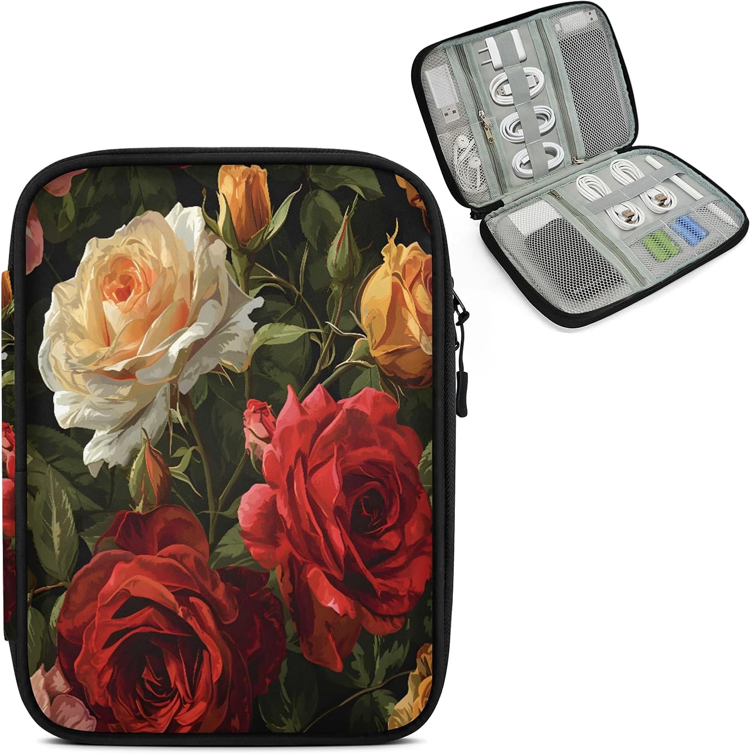 Rose Travel Cord Organizer Case for Women Men Bloom Flower Roses Tech Electronic Accessories Bag for Cord, Charger, Phone, USB, SD Card