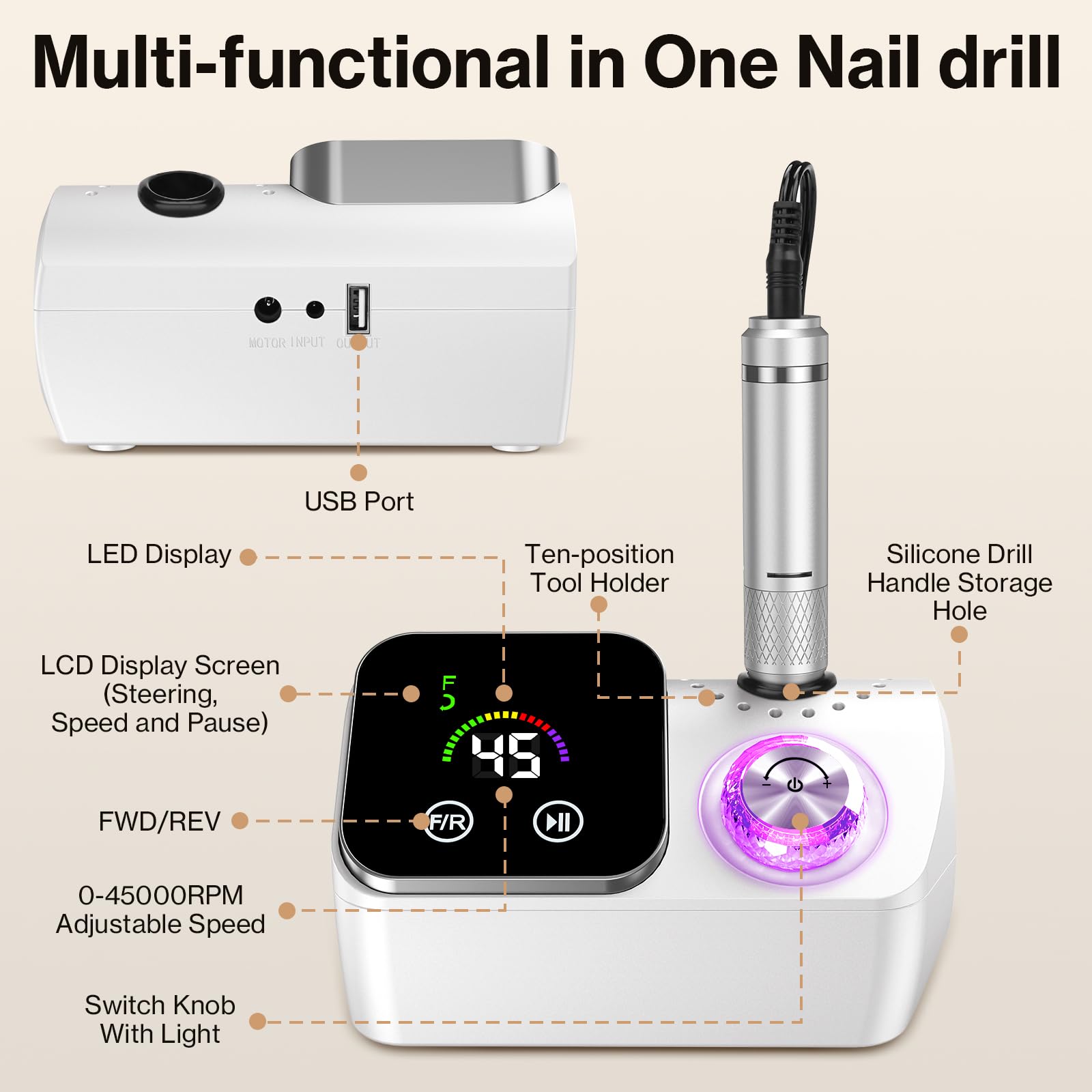 Torno para Uñas,Torno para Uñas Profesional 45000 RPM,con 12 Cabezales de Pulido, Pantalla táctil LCD,Perilla de cristal,Lima portátil para uñas acrílicas y de gel (Blanco)
