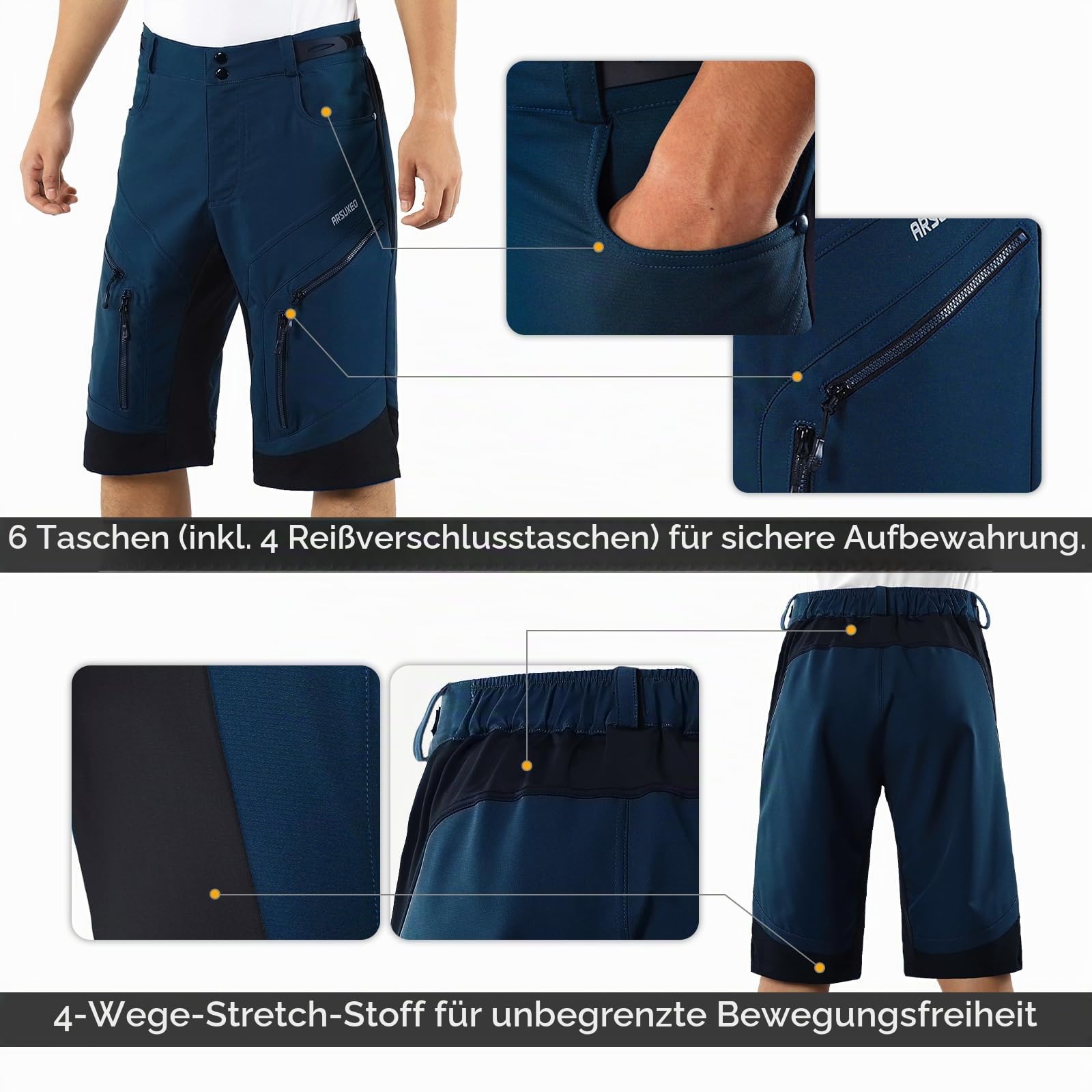 ARSUXEO Radhose Herren MTB Shorts ohne Polsterung Radfahren Shorts Klassisch Wasserdicht 1903 Dunkelblau M