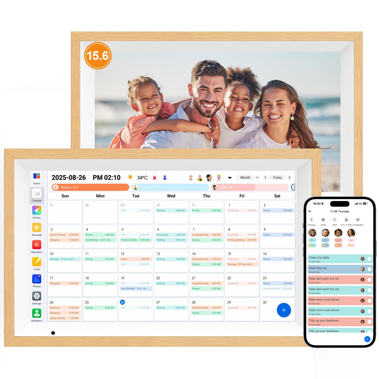 Linkdaze Digital Calendar 15.6" Digital Wall Planners for Family Schedules, Electronic Calendar with 1920*1080 Interactive Touchscreen, Digital Photo Frame Built-in 64GB Memory, Smart Calendar-Wooden