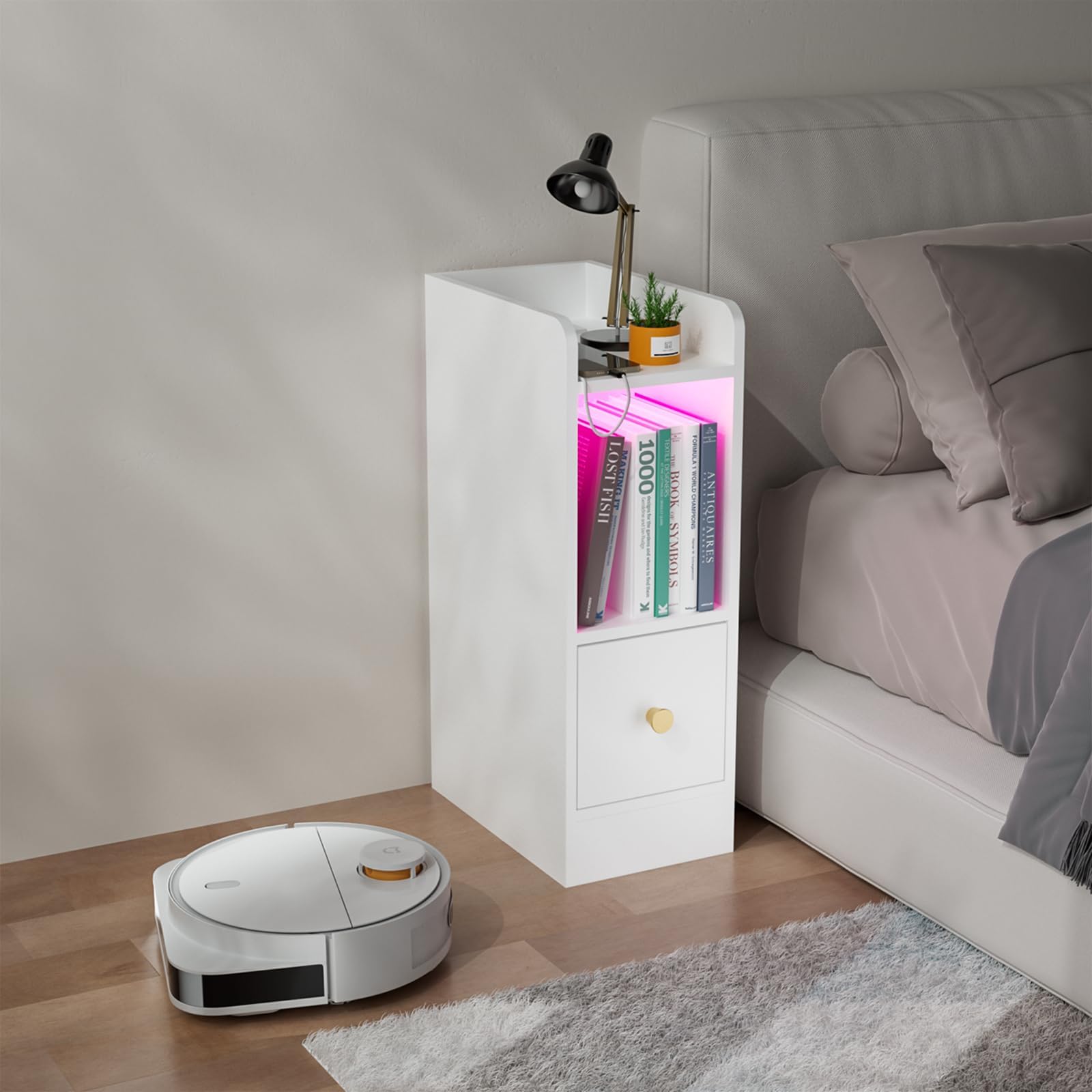 Slim Bedside Table with Power Socket Narrow Side End Tables with RGB Light Strip Nightstand with 1 Drawer and 1 Compartments Bedside Tables for Bedroom, Living Room White