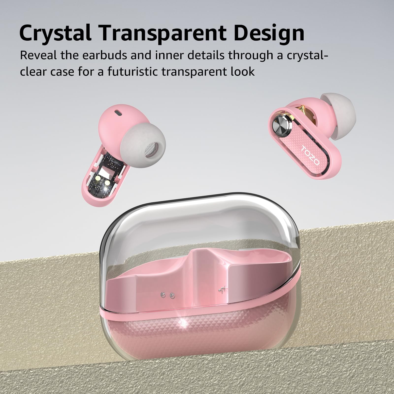 TOZO Crystal Pods Hybrydowe bezprzewodowe słuchawki z aktywną redukcją szumów, podwójny mikrofon ENC AI Clear Calls, słuchawki Bluetooth 5.4 w uchu, wodoodporne słuchawki IPX5, 32 EQs przez APP