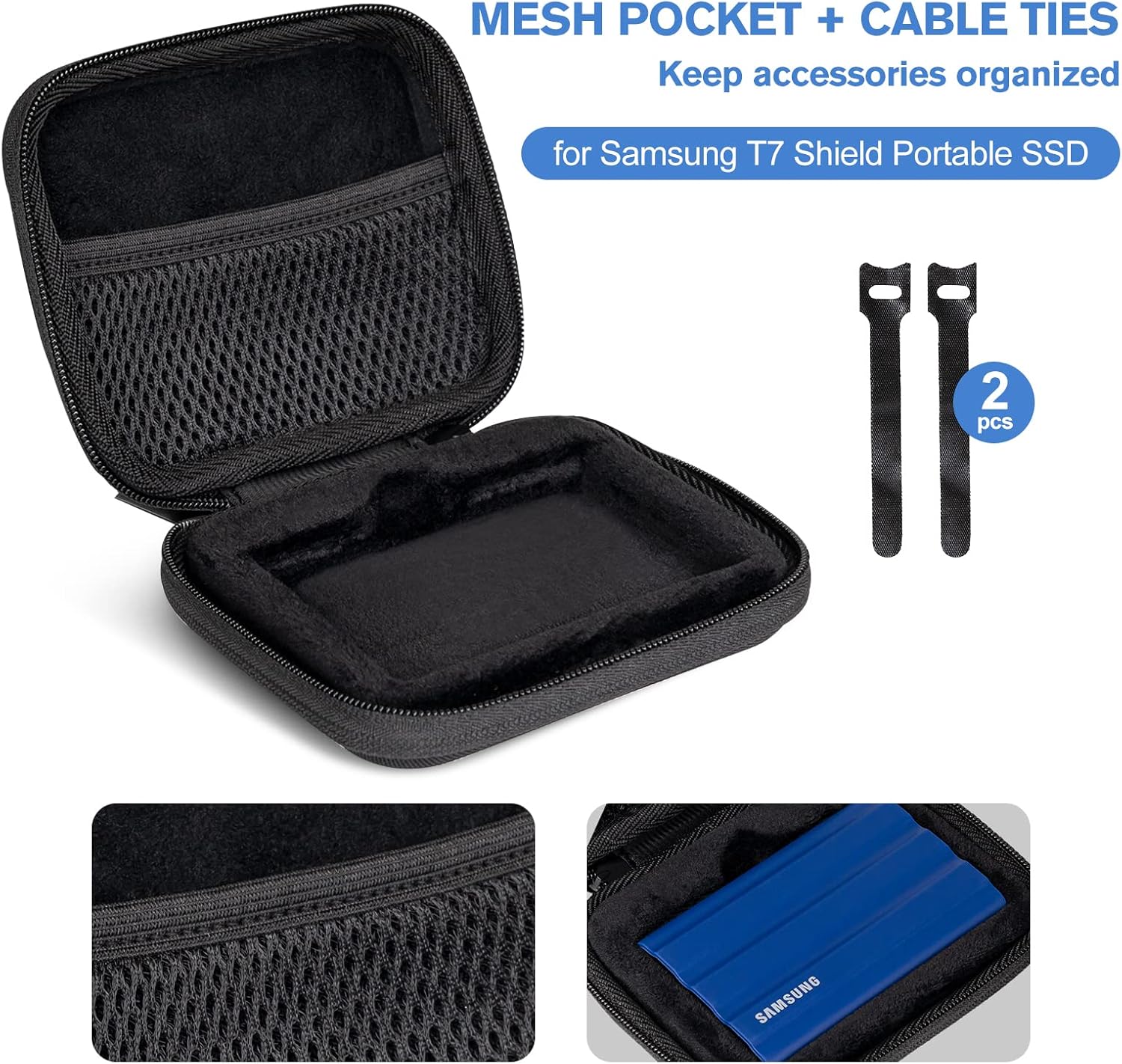 ProCase Carrying Case for Samsung T7 Shield External SSD with 2 Cable Ties, Hard EVA Shockproof Storage Travel Organizer for T7 Shield Portable Solid State Drive USB 3.2 1TB 2TB -Black - Image 2