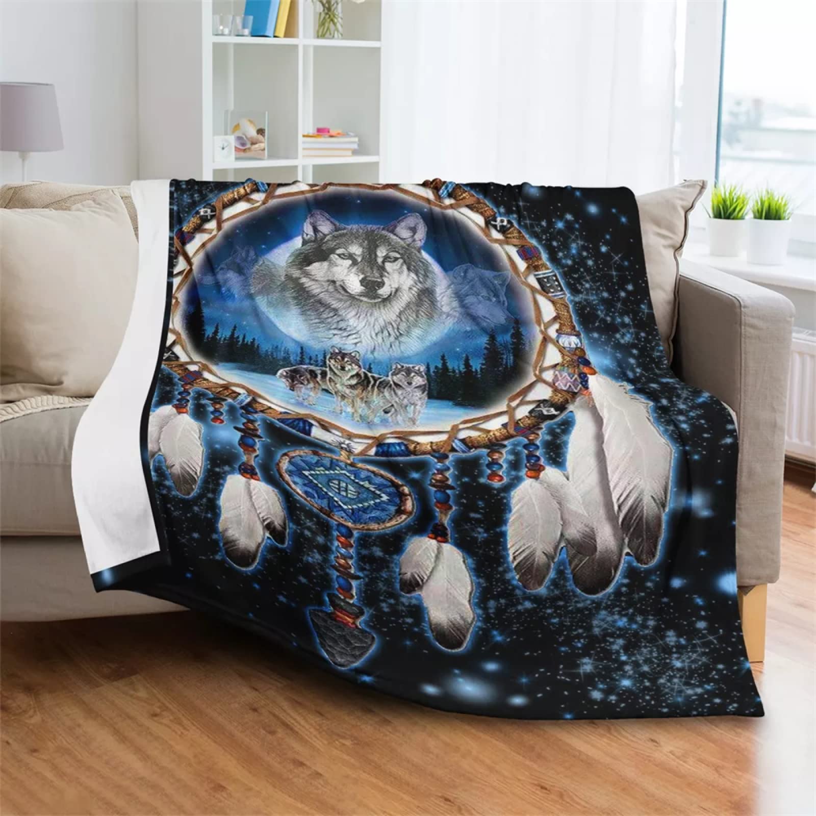 Plaid Polaire 240x260 Adulte Loup Attrape RêVe Bleu, Douce Flanelle Couverture lit 2 Personnes en Microfibre, Plaid Canape Grande Taille Jeté de Canapé, Réversible Peluche Couverture