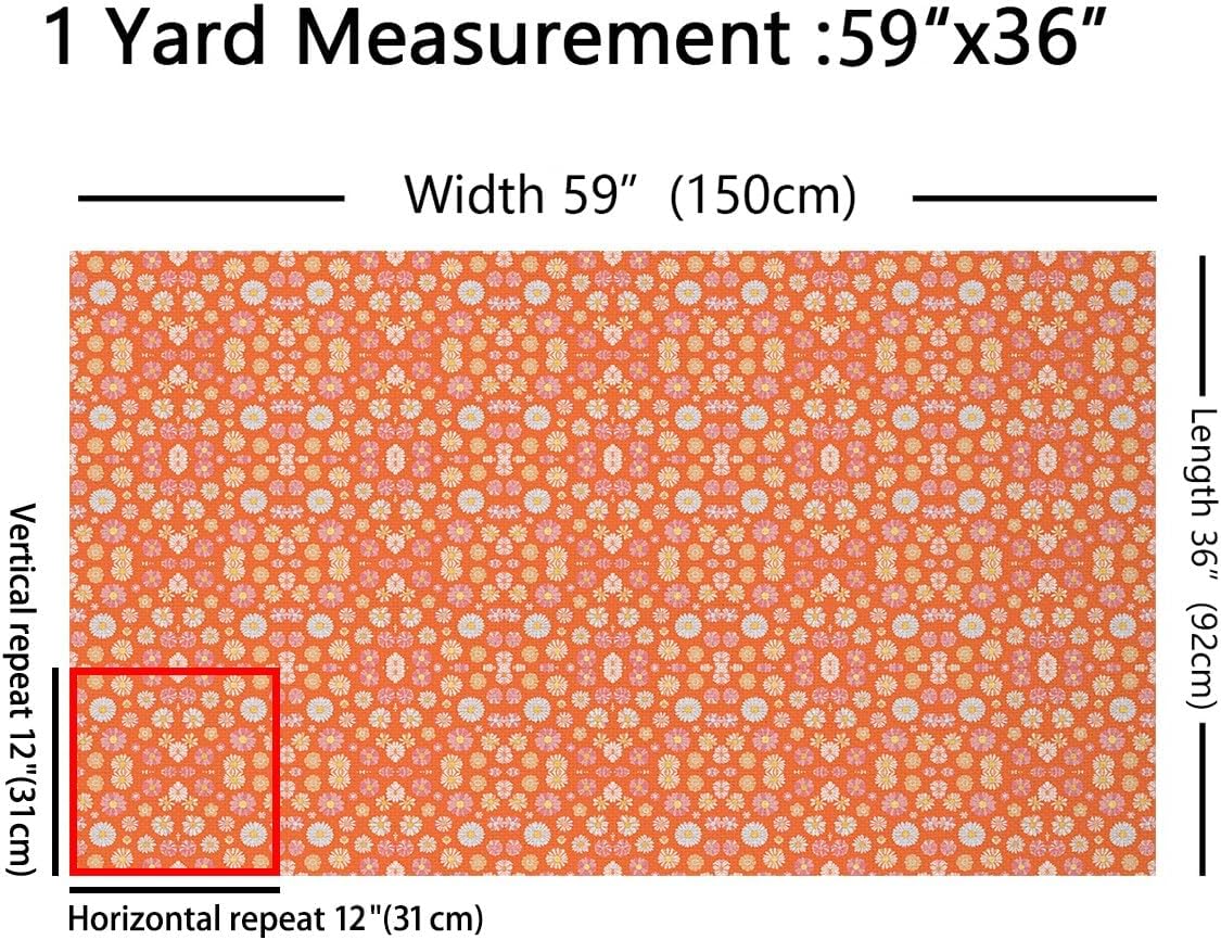 60S 70S Groovy Fabric by The Yard Retro Hippie Flower Decorative Waterproof Outdoor Fabric Vintage Boho Plant Floral Upholstery Fabric for Chairs Botanical Blossom Orange Outdoor Fabric 10 Yards