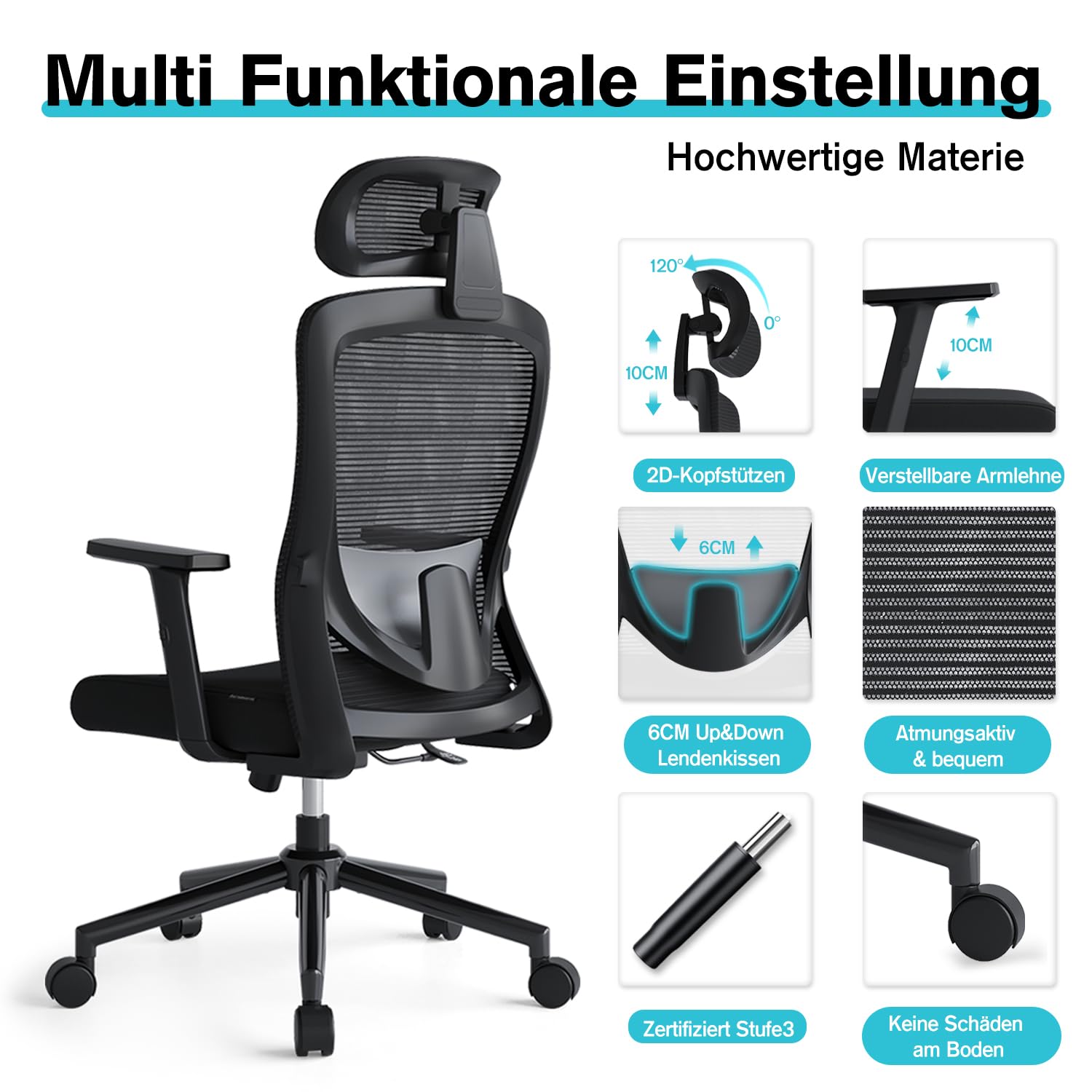 Bürostuhl mit 120° Wippfunktion, Schreibtischstuhl Ergonomischer Bürostuhl mit Verstellbarer Lendenwirbelstütze, 2D-Kopfstütze und Armlehne, Drehstuhl, Bürostuhle 150kg, Schwarz